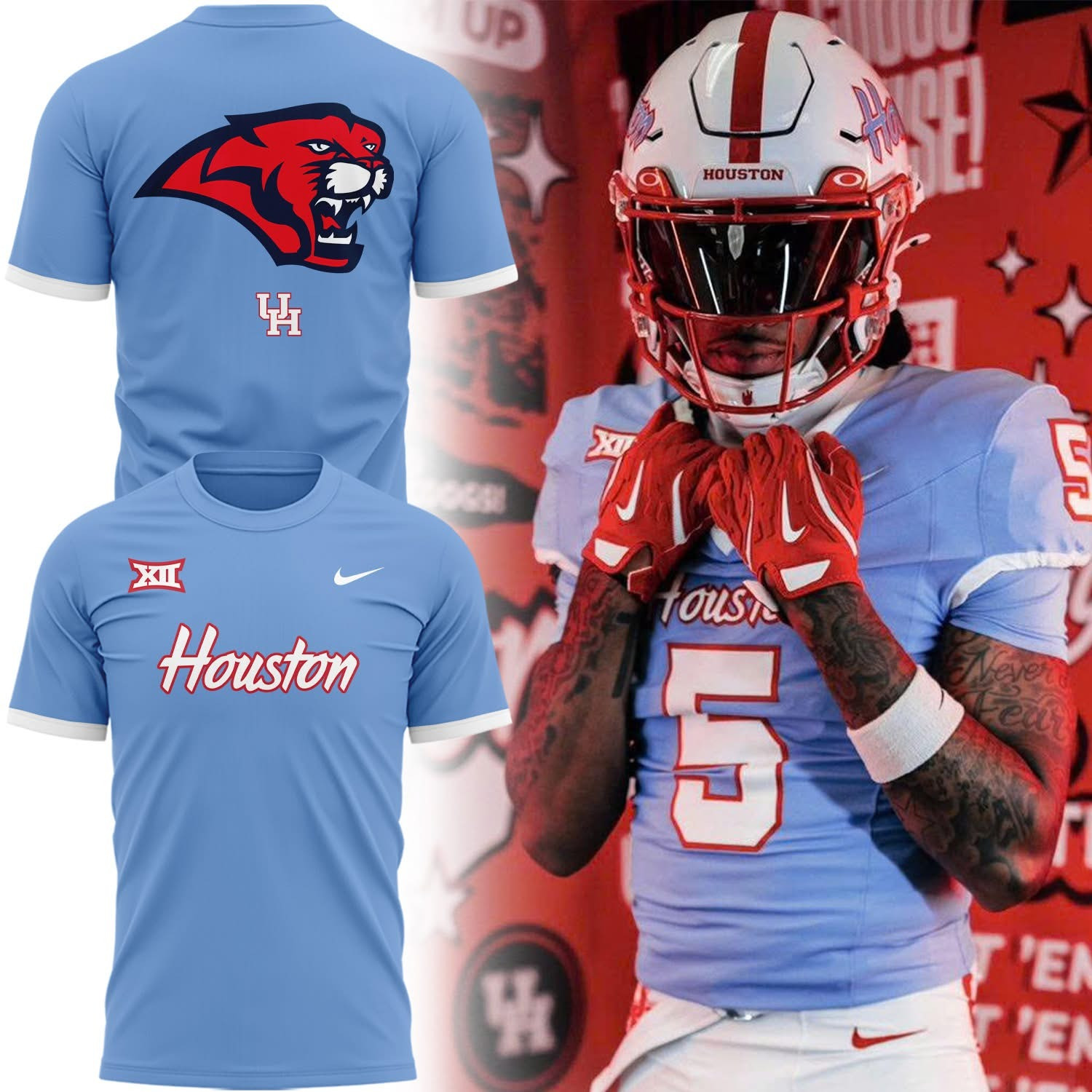 Houston Cougars T-Shirt Blue Houston Cougars Football Lover Fan Merch Gifts For Him-1 Houston Cougars T-Shirt Blue Houston Cougars Football Lover Fan Merch Gifts For Him-1