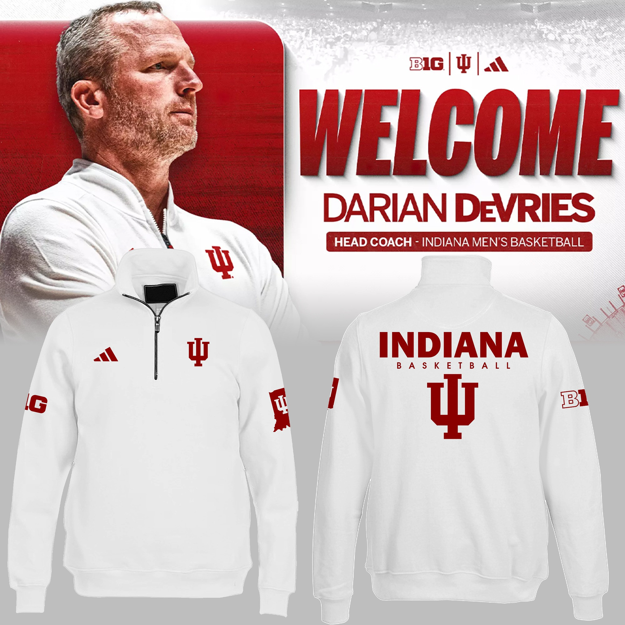 Indiana Hoosiers Pullover Quarter Zip Sweatshirt Coach Darian Devries Indiana Basketball-1
