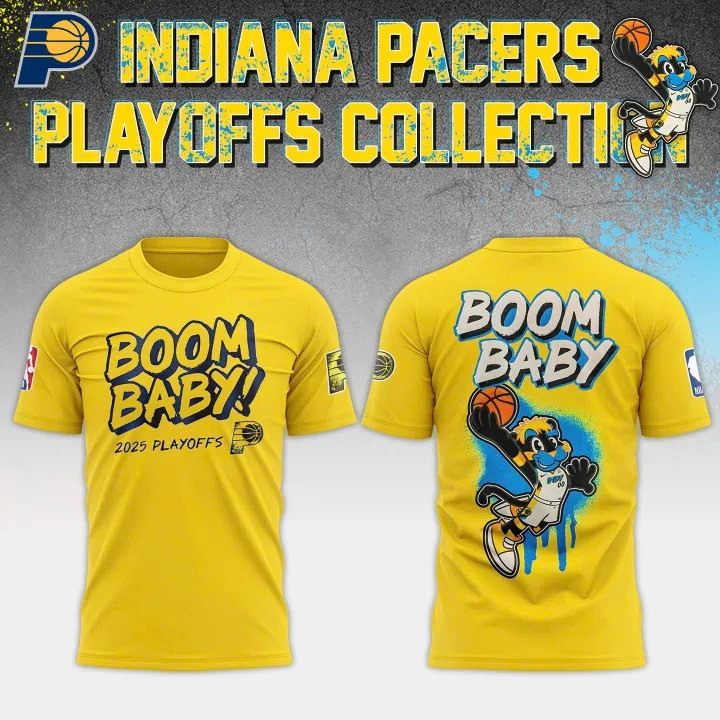 Indiana Pacers 2025 Playoffs Boom Baby T-Shirt Yellow NBA Merch Basketball Fan Gift Ideas-1