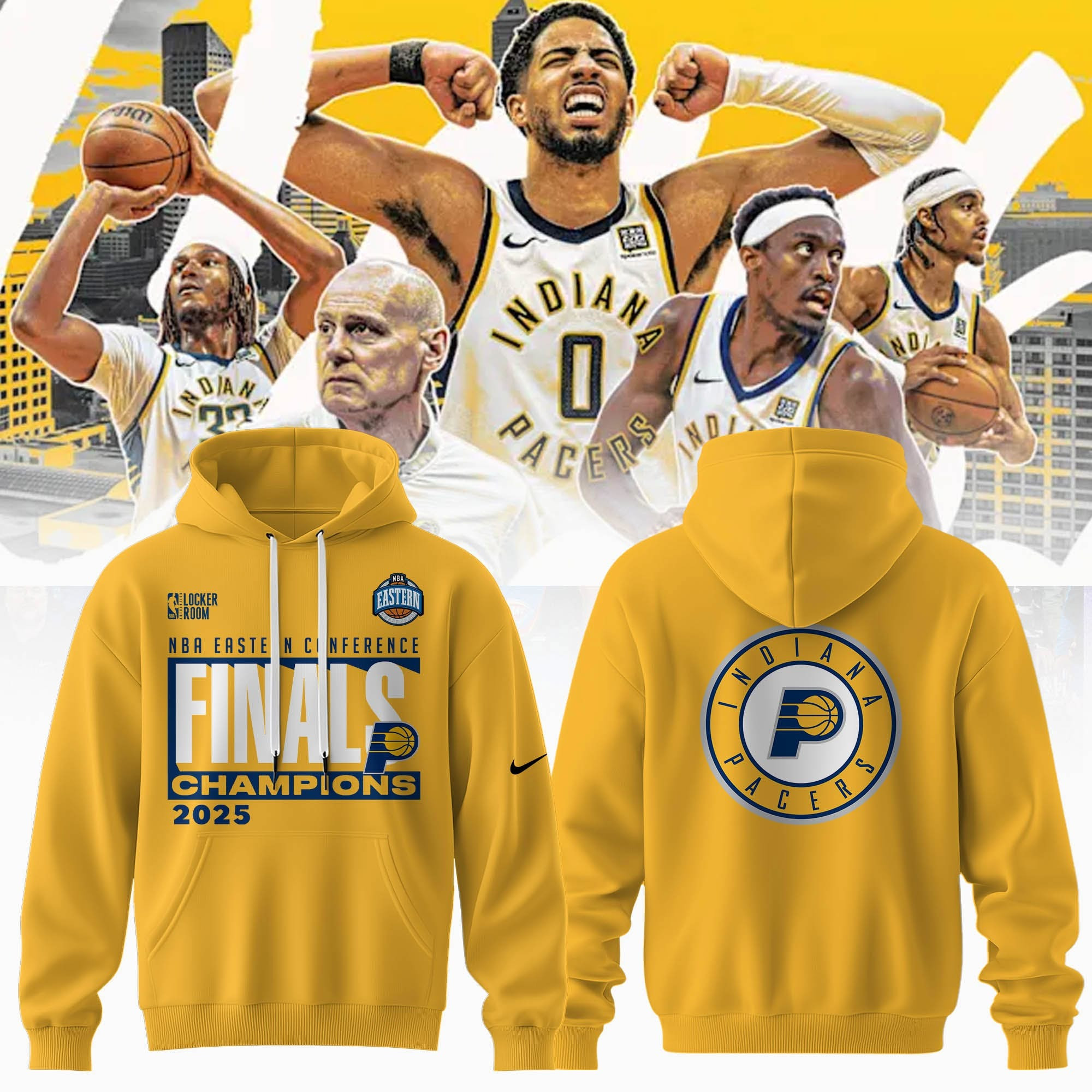 Indiana Pacers Eastern Conference Champions Hoodie Yellow Final NBA 2025 Fan Gear Merch-1
