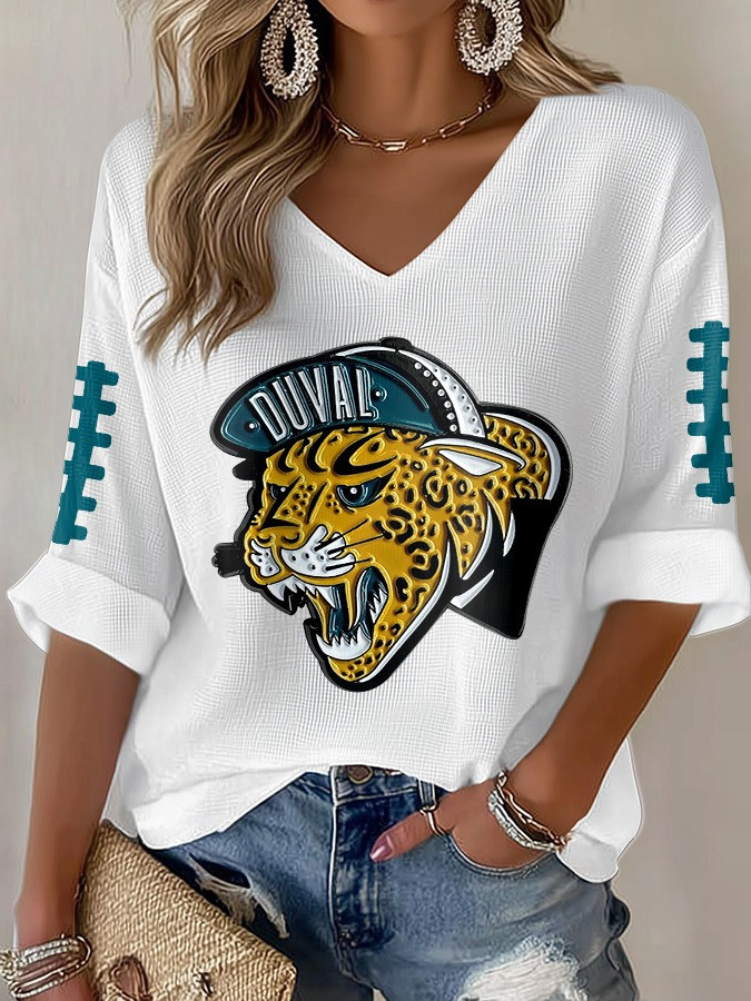 Jacksonville Jaguars Long Sleeve V-Neck Shirt Women's Football Game Day Merch Unique Gifts-1