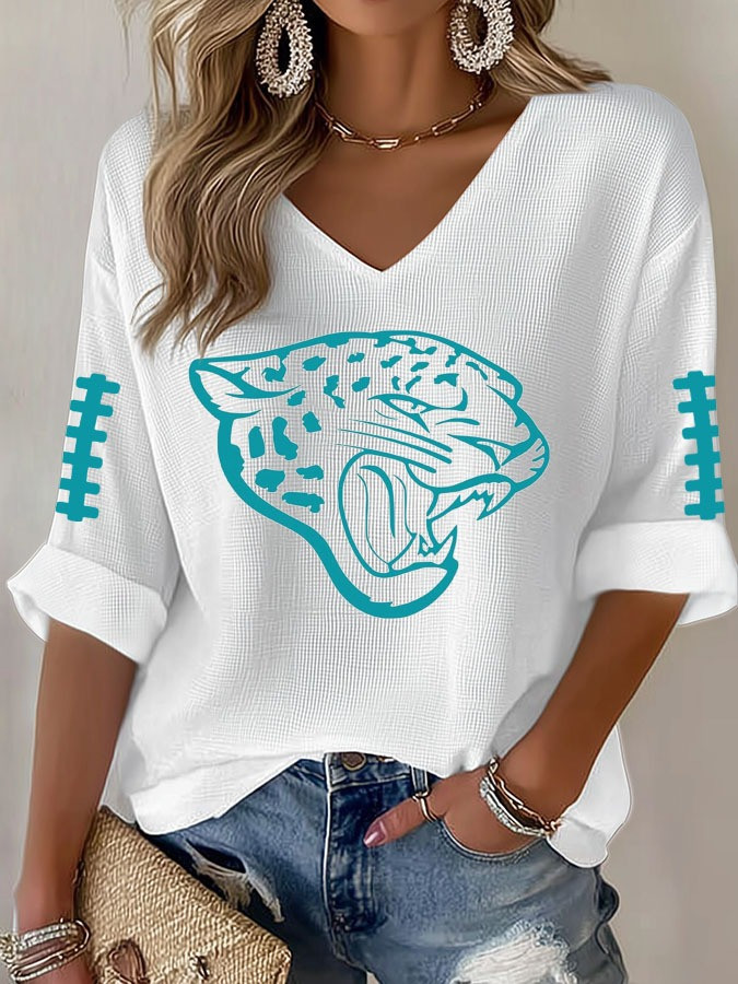 Jacksonville Jaguars Long Sleeve V-Neck Shirt Women's Game Day Fan Merch Gifts For Her-1