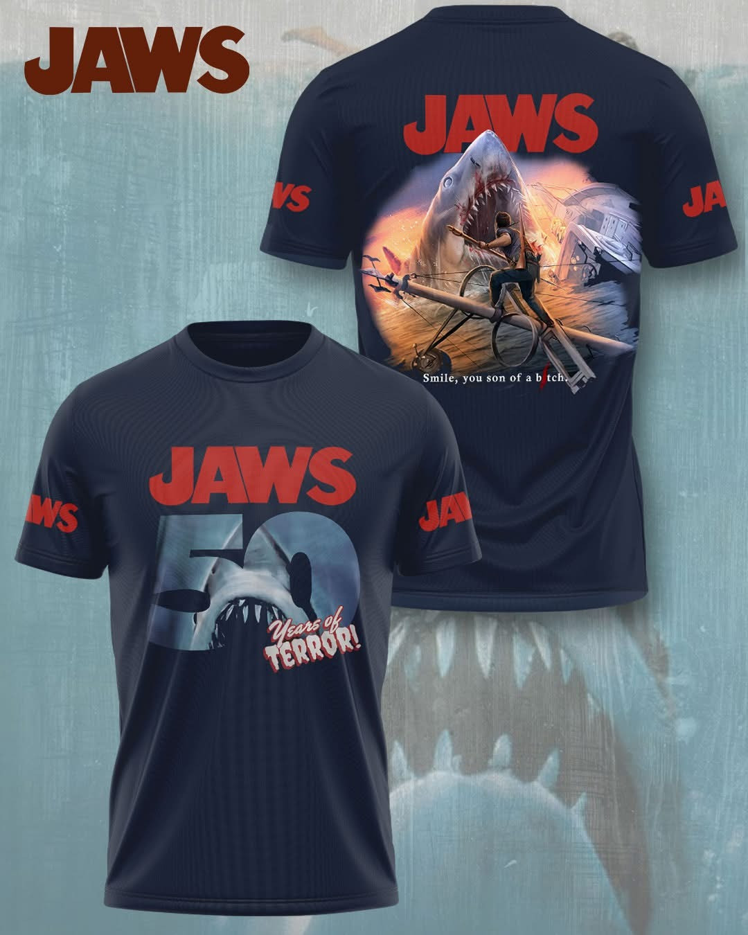 Jaws 50 Years Of Terror T-Shirt Men's Movie Jaws Themed Gifts For Fans For Him-1 Jaws 50 Years Of Terror T-Shirt Men's Movie Jaws Themed Gifts For Fans For Him-1