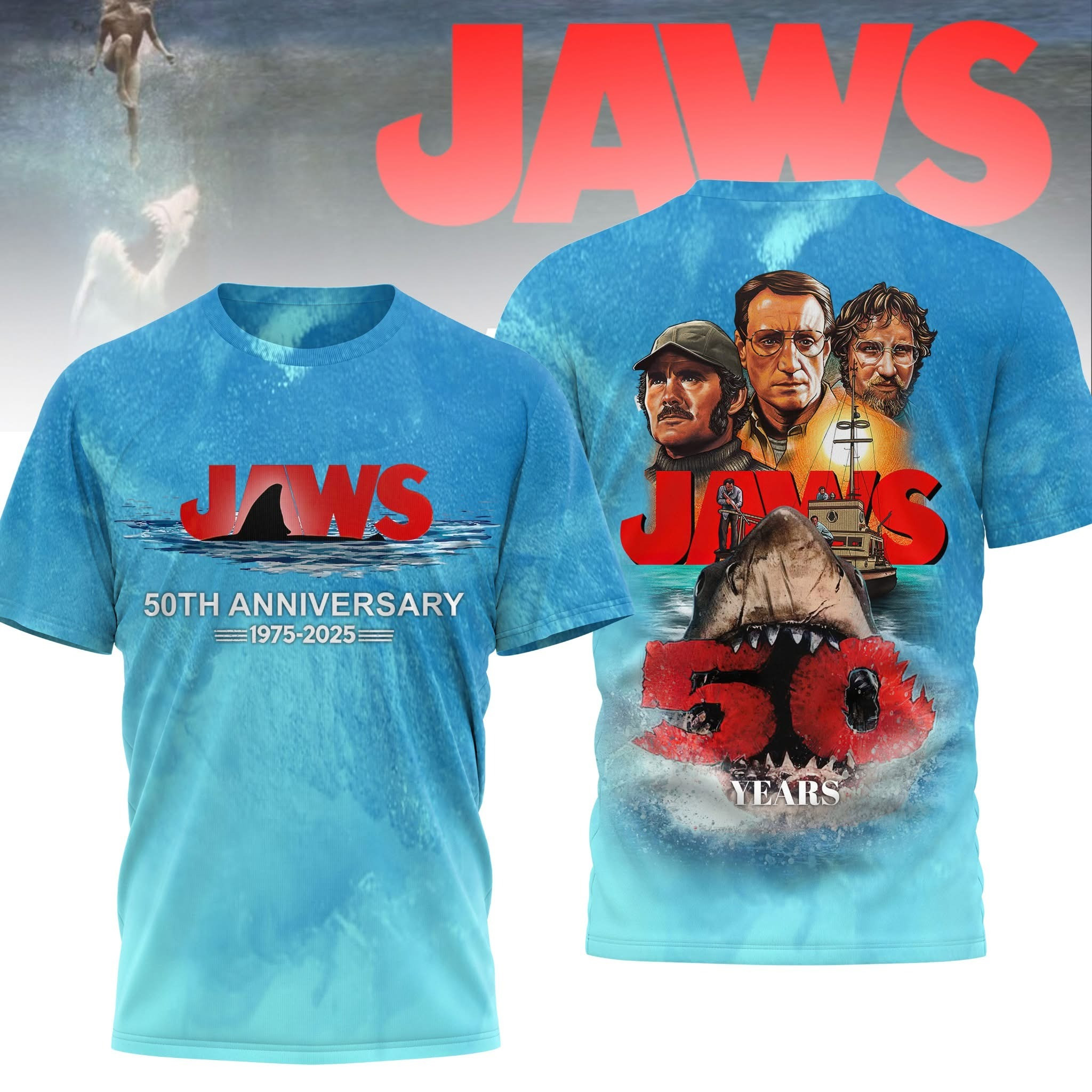 Jaws 50Th Anniversary 1957 2025 T-Shirt Themed Jaws Movie Gifts For Fans For Him-1 Jaws 50Th Anniversary 1957 2025 T-Shirt Themed Jaws Movie Gifts For Fans For Him-1