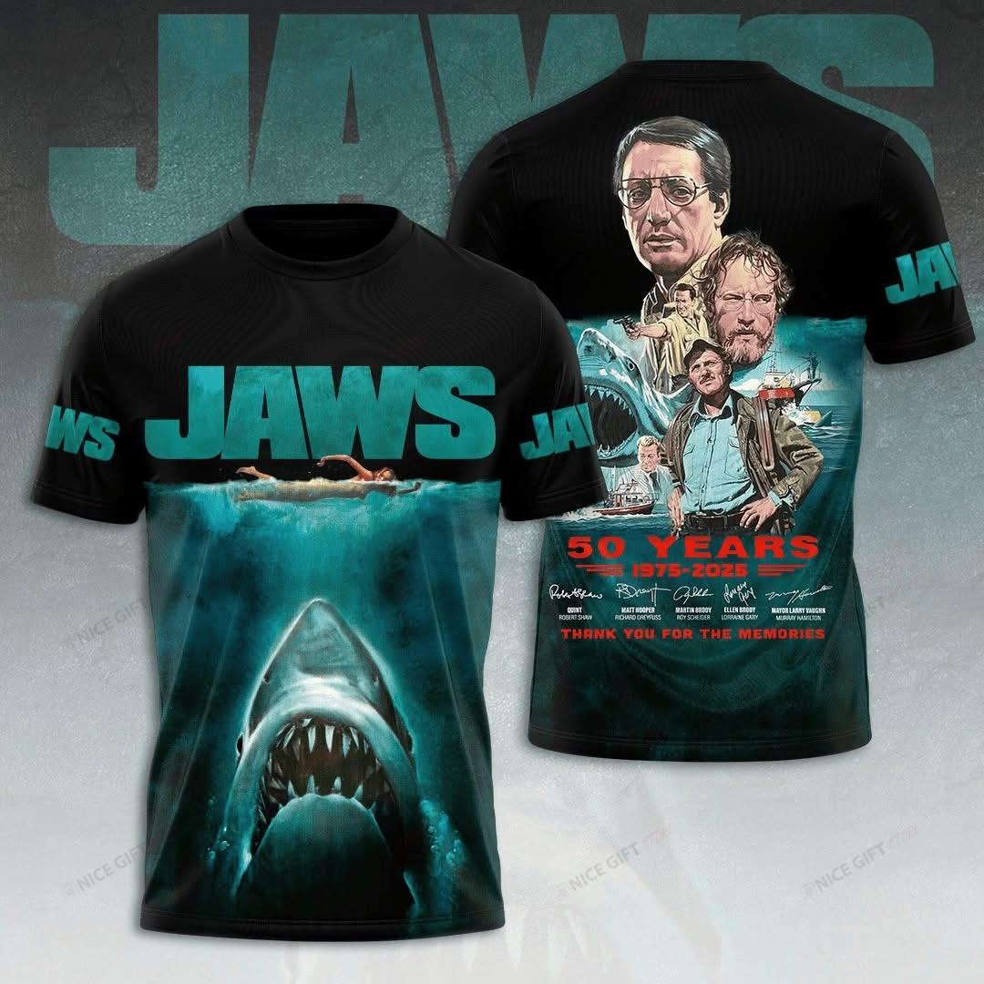 Jaws 50Th Anniversary 1975 2025 T-Shirt Thank You For The Memories Jaws Apparel Fan Gifts-1 Jaws 50Th Anniversary 1975 2025 T-Shirt Thank You For The Memories Jaws Apparel Fan Gifts-1