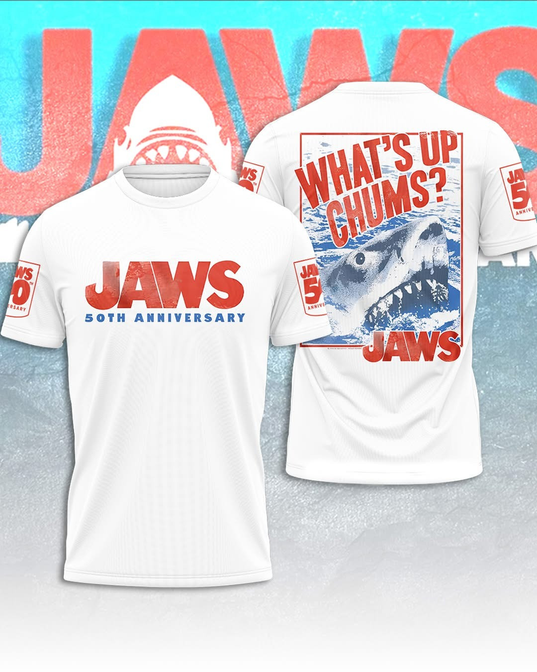 Jaws What's Up Chums 50Th Anniversary 1975 2025 T-Shirt Movie Jaws Fan Merch Clothing-1 Jaws What's Up Chums 50Th Anniversary 1975 2025 T-Shirt Movie Jaws Fan Merch Clothing-1