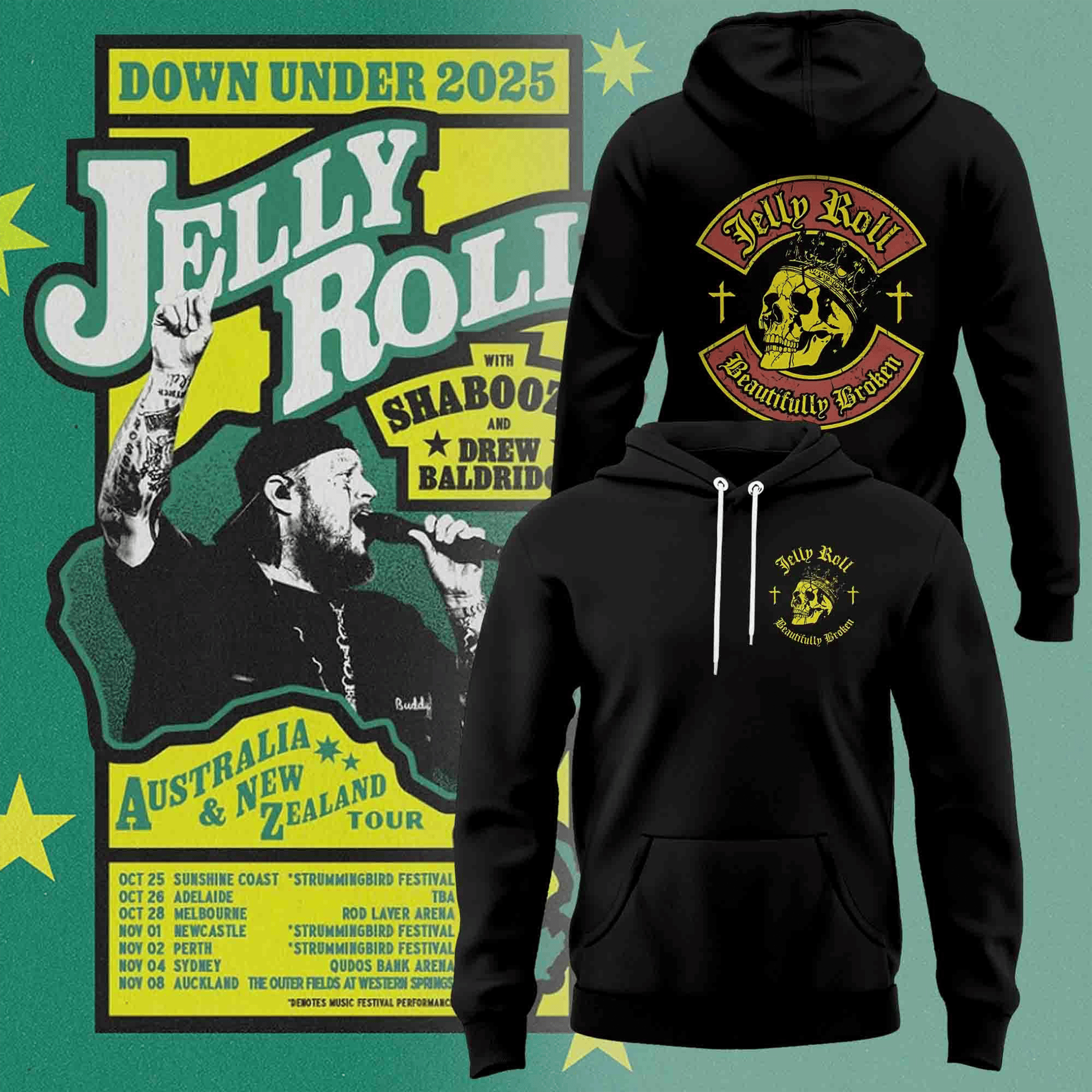Jelly Roll Beautifully Broken Hoodie Jelly Roll The Down Under 2025 Merch Music Lovers Gifts-1