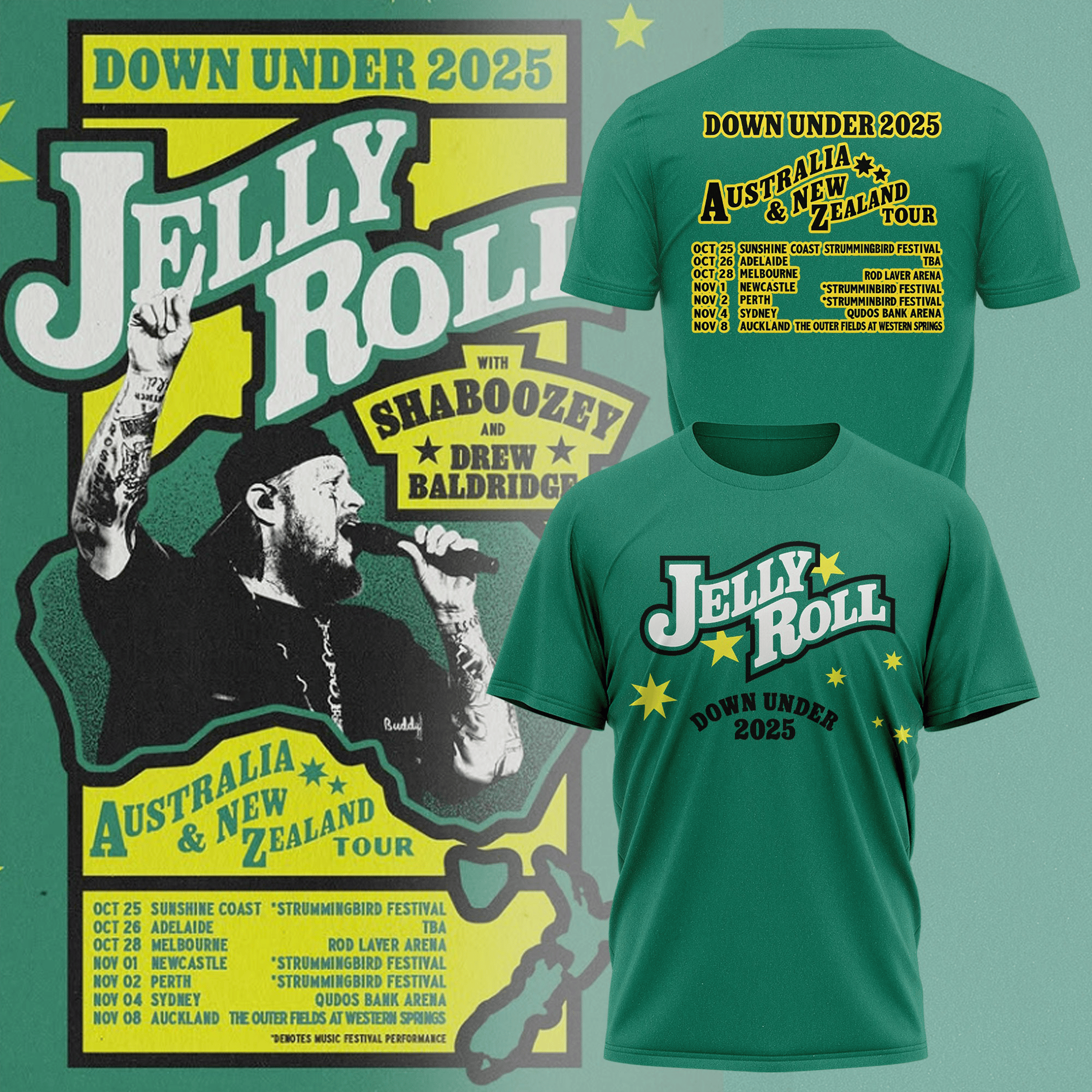 Jelly Roll Down Under 2025 T-Shirt Australia New Zealand Tour Jelly Roll Concert Merch-1