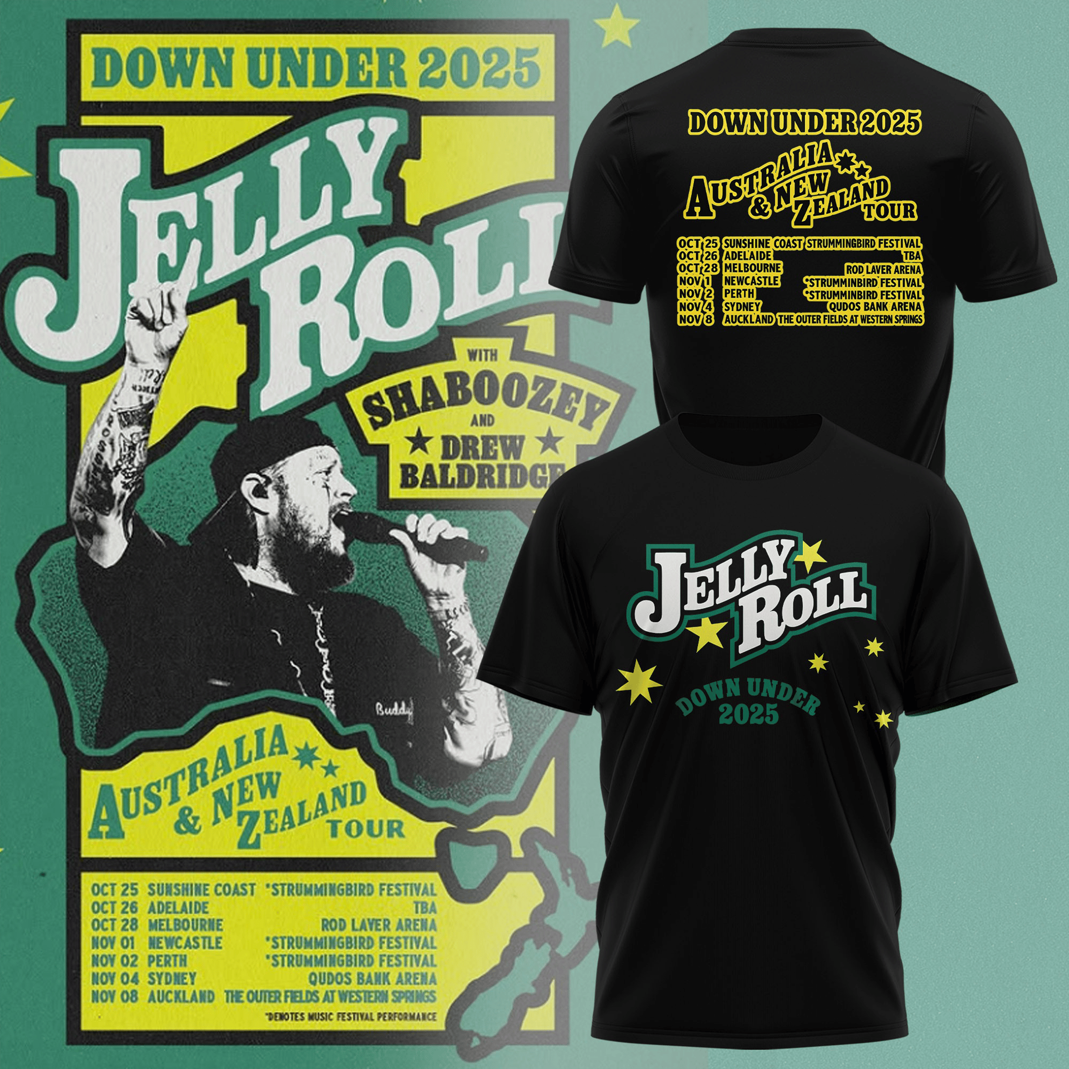 Jelly Roll Down Under 2025 T-Shirt Jelly Roll Concert Clothing US Rapper Apparel Gifts For Him-1