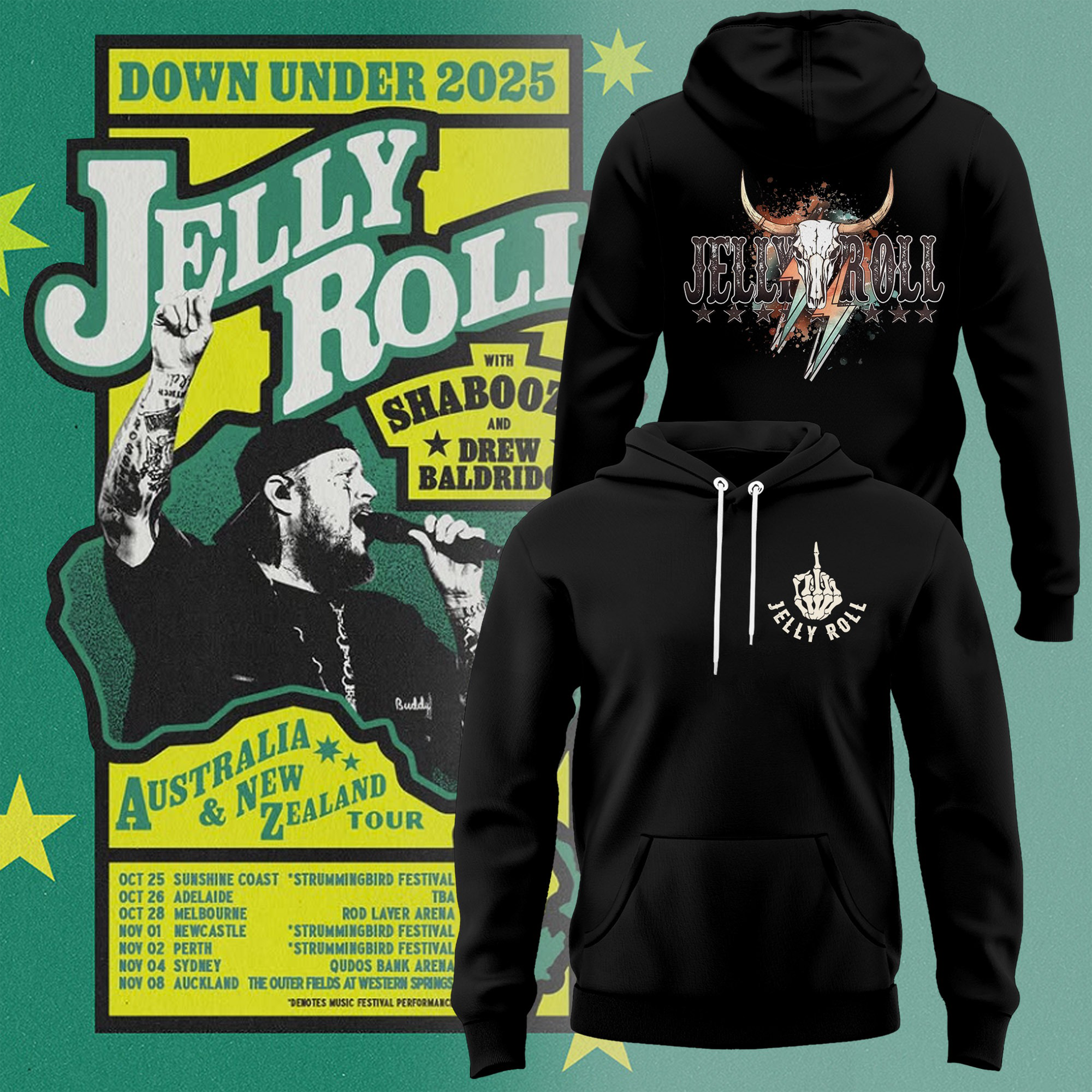 Jelly Roll Down Under 2025 Tour Hoodie Jelly Roll Tour Merch Concert Clothing Gifts For Him-1