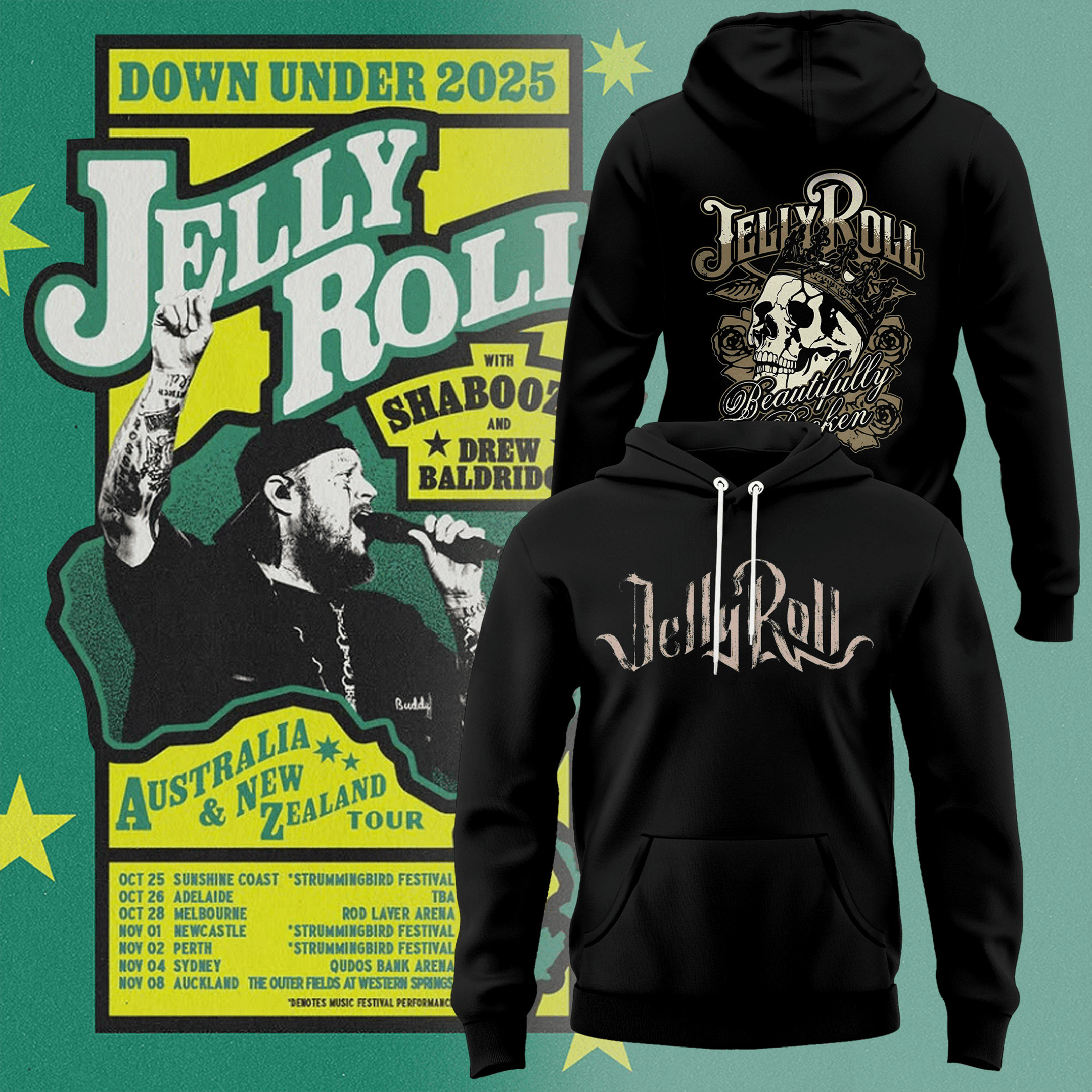 Jelly Roll The Down Under 2025 Hoodie Beautifully Broken Skull Hoodie Jelly Roll Tour Gifts-1