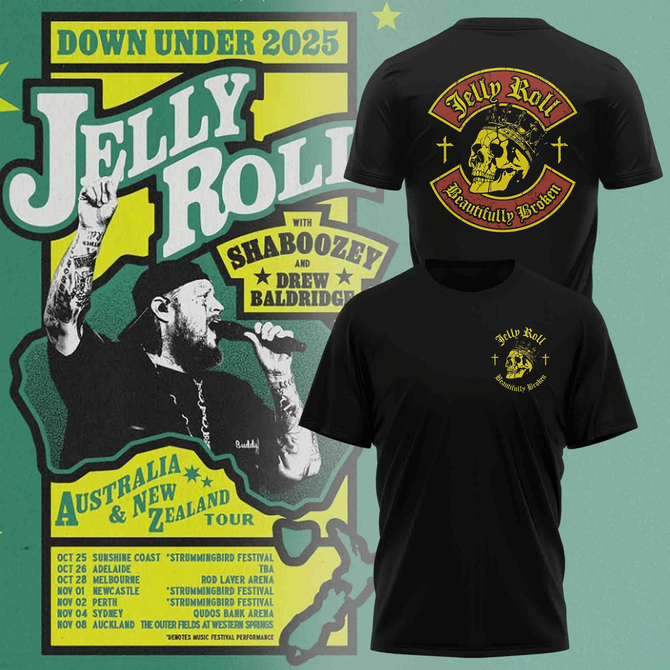 Jelly Roll The Down Under 2025 Shirt Beautifully Broken Skull T-Shirt Jelly Roll Tour Merch-1