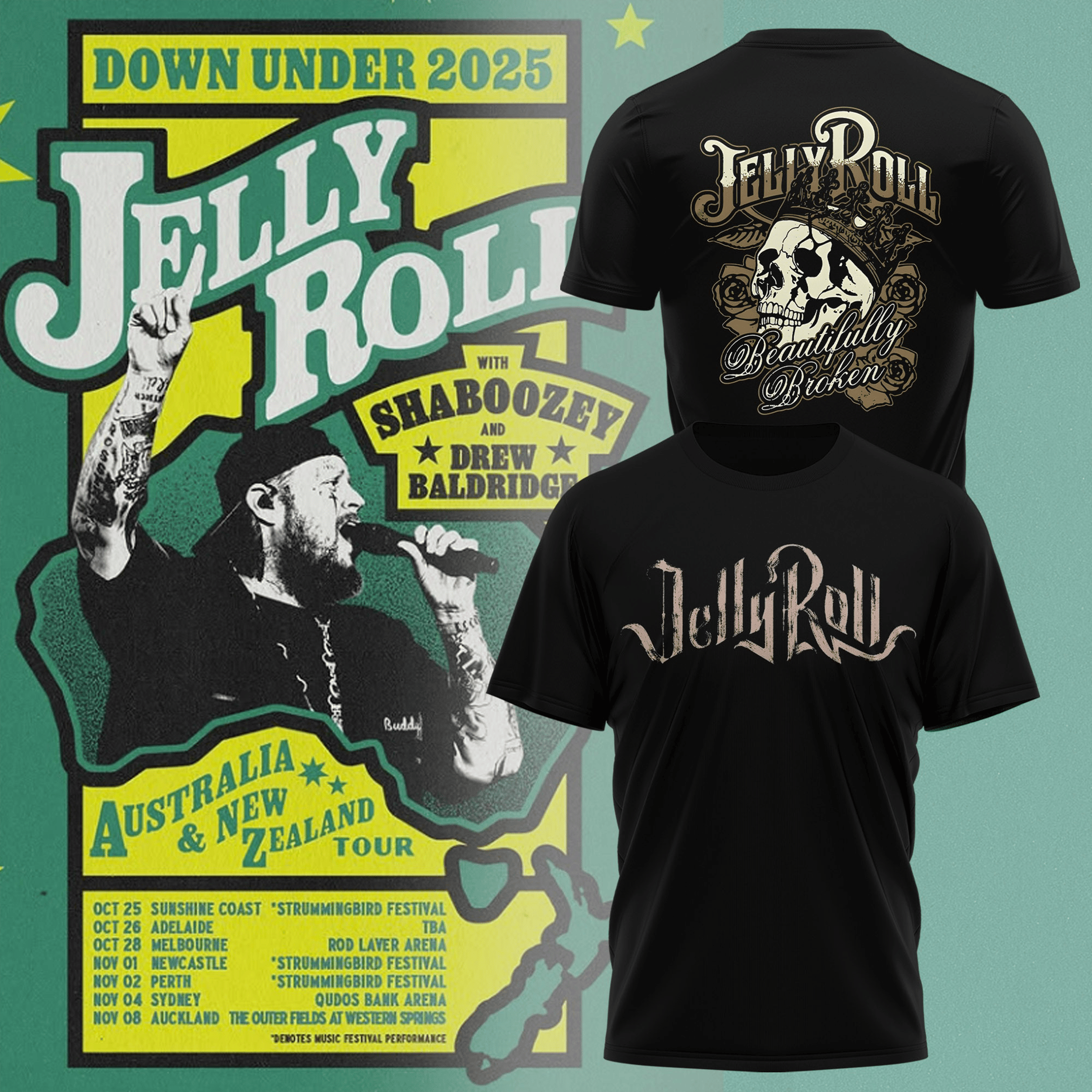 Jelly Roll The Down Under 2025 T-Shirt Beautifully Broken Skull Shirt Jelly Roll Merch Gifts-1