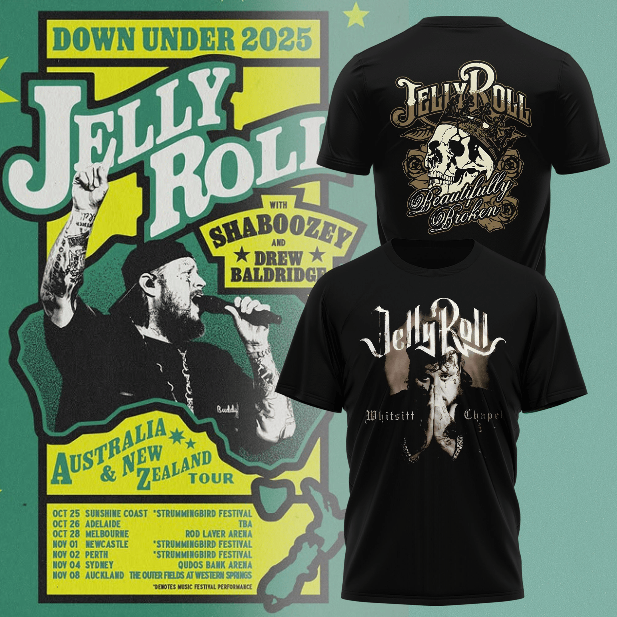 Jelly Roll Whitsitt Chapel T-Shirt Beautifully Broken Tee Jelly Roll The Down Under 2025 Merch-1