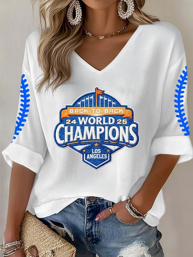 LA Dodgers Back To Back World Series Champions 2025 V-Neck Long Sleeve Shirt Dodgers Merch-1