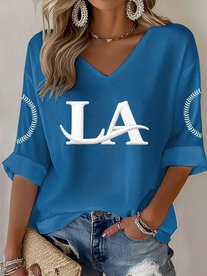 LA Dodgers Long Sleeve V-Neck Shirt Women's Los Angeles Dodgers Merch Game Day Outfits-1
