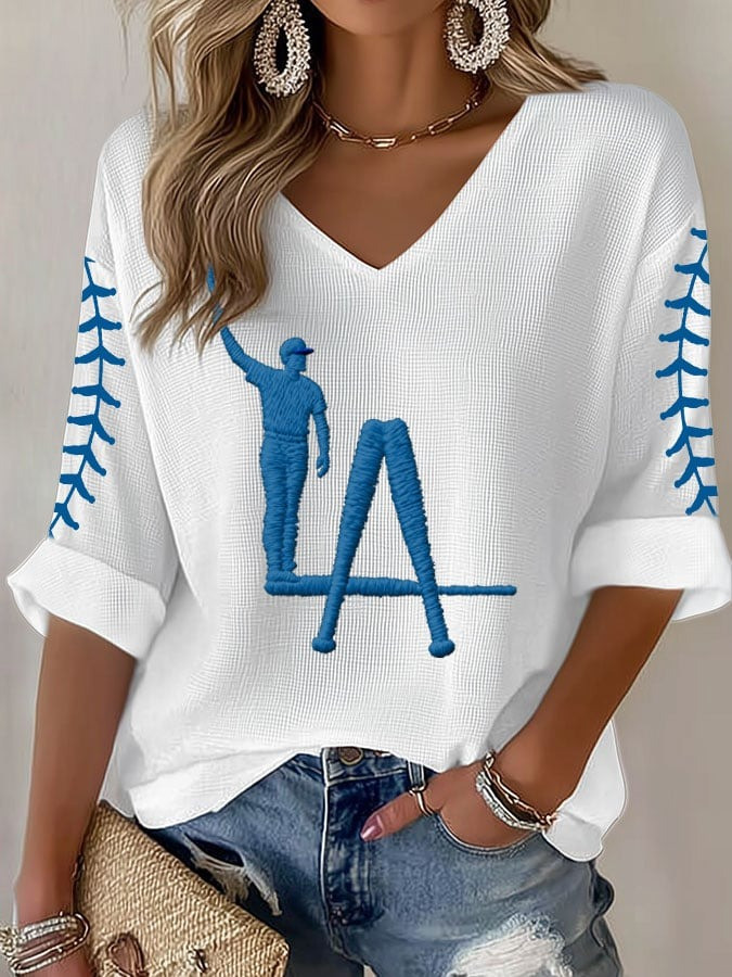 LA Dodgers V-Neck Long Sleeve Shirt Women's Los Angeles Dodgers Apparel Unique Gifts-1