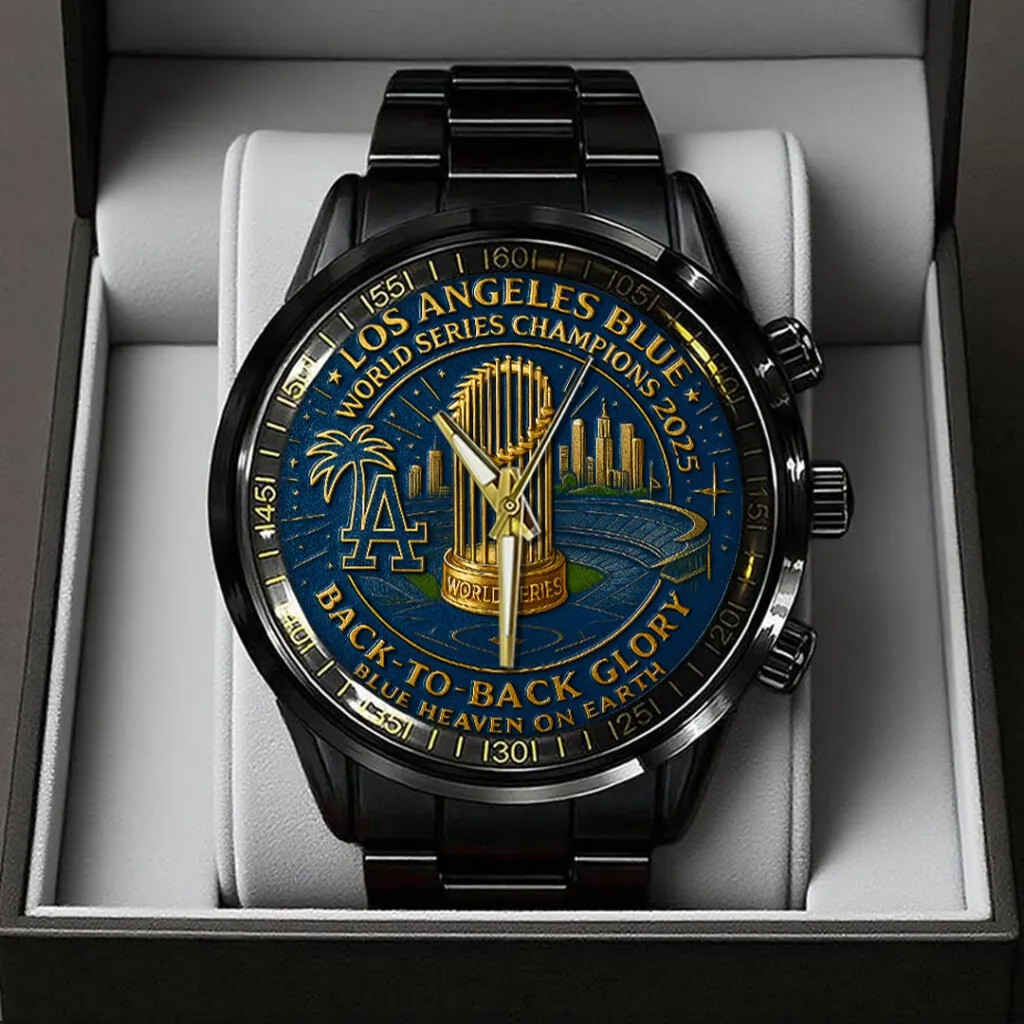 LA Dodgers World Series Merch 2025 Los Angeles Dodgers Back To Back Champions Black Steel Watch-1
