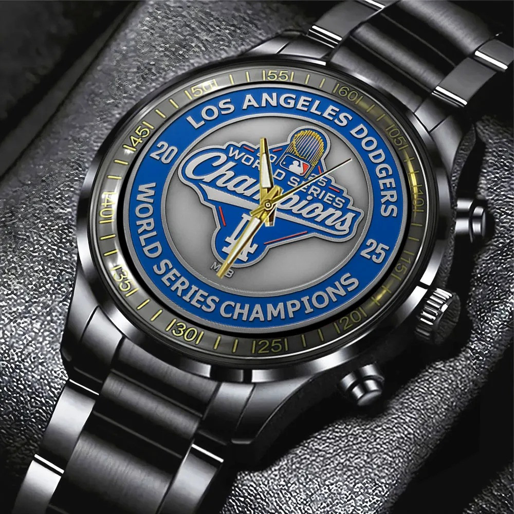 LA Dodgers World Series Merch Los Angeles Dodgers 2025 World Series Champions Black Steel Watch-1