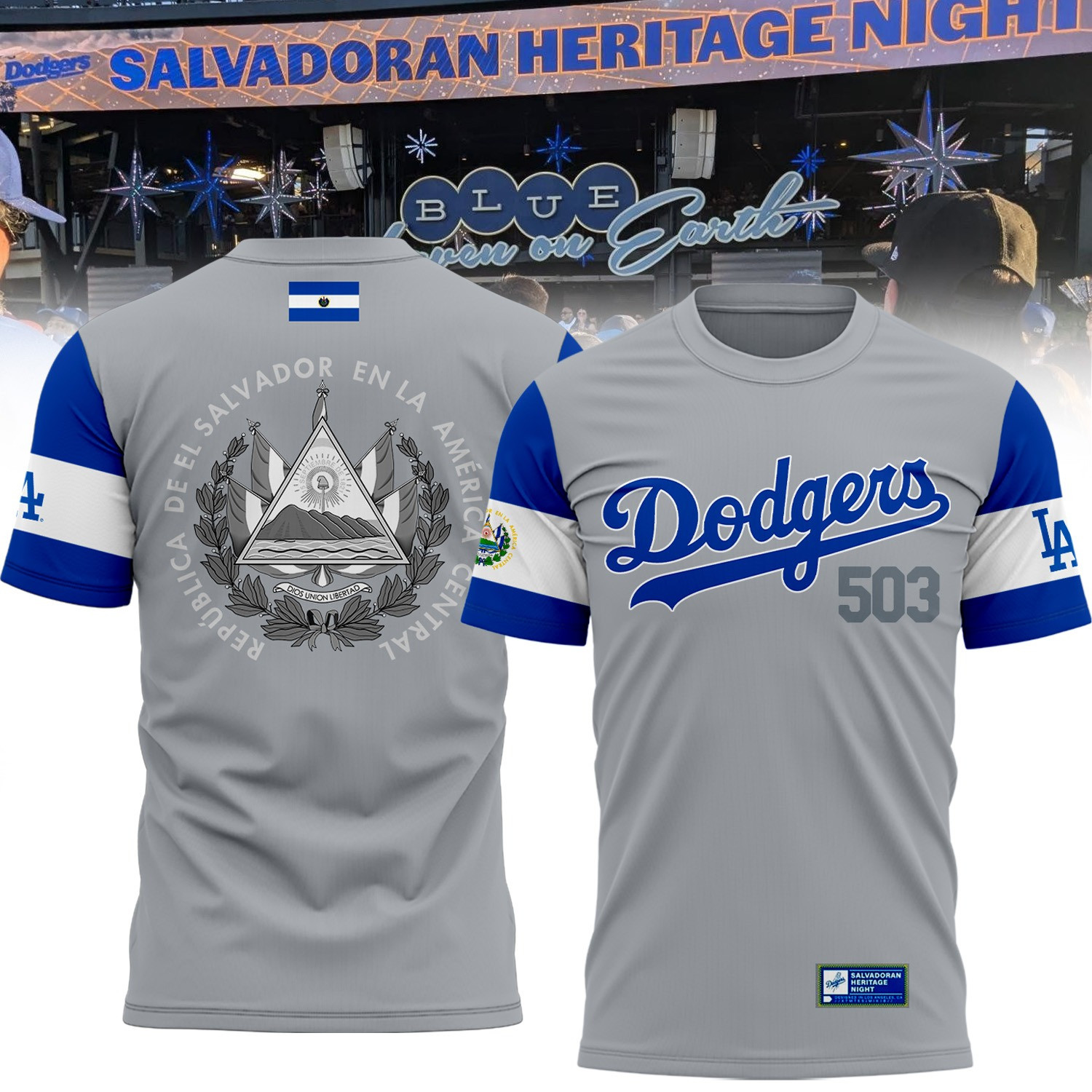 LA Dodgers X Salvadoran Heritage Night T-Shirt Republica De El Salvador Baseball Shirt-1