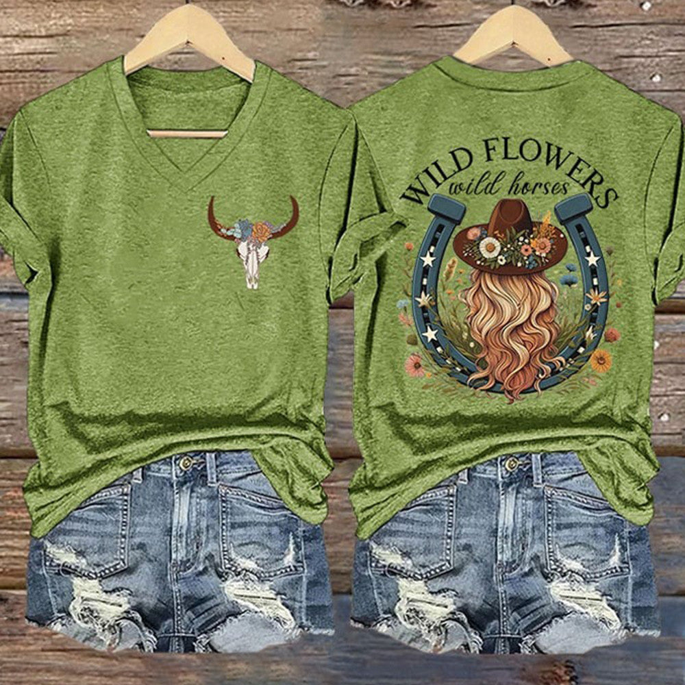 Lainey Wilson Merch Wild Flowers And Wild Horses Lainey Wilson V-neck T-Shirt Fan Gifts-1