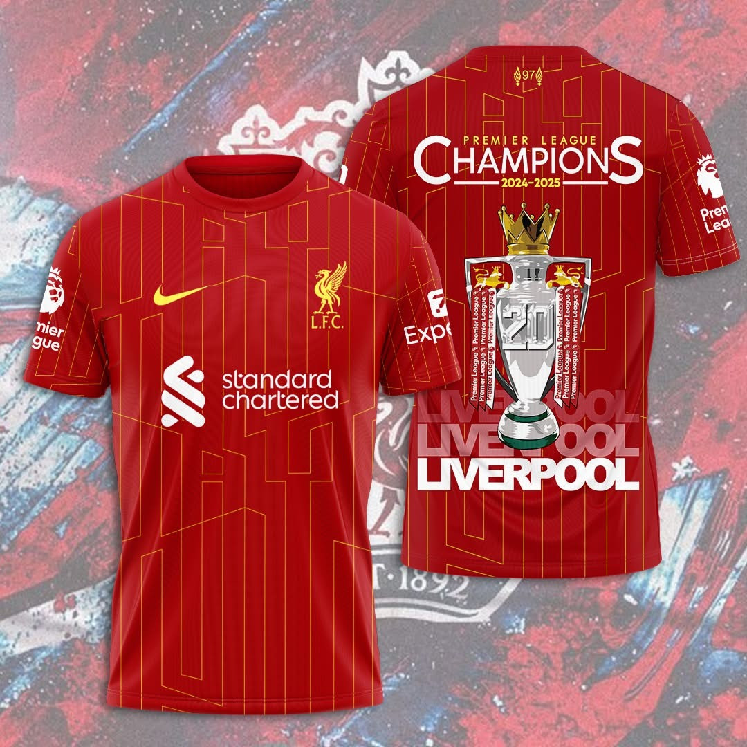 Liverpool Merch Champions Premier League 2024 25 T-Shirt Red Liverpool L.F.C. Fan Gifts-1
