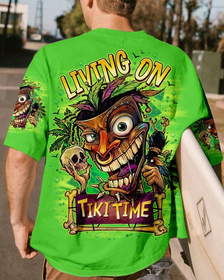 Living On Tiki Time T-Shirt Men's Vacation Beach Party Aloha Vibes Hawaii Themed Gifts-1