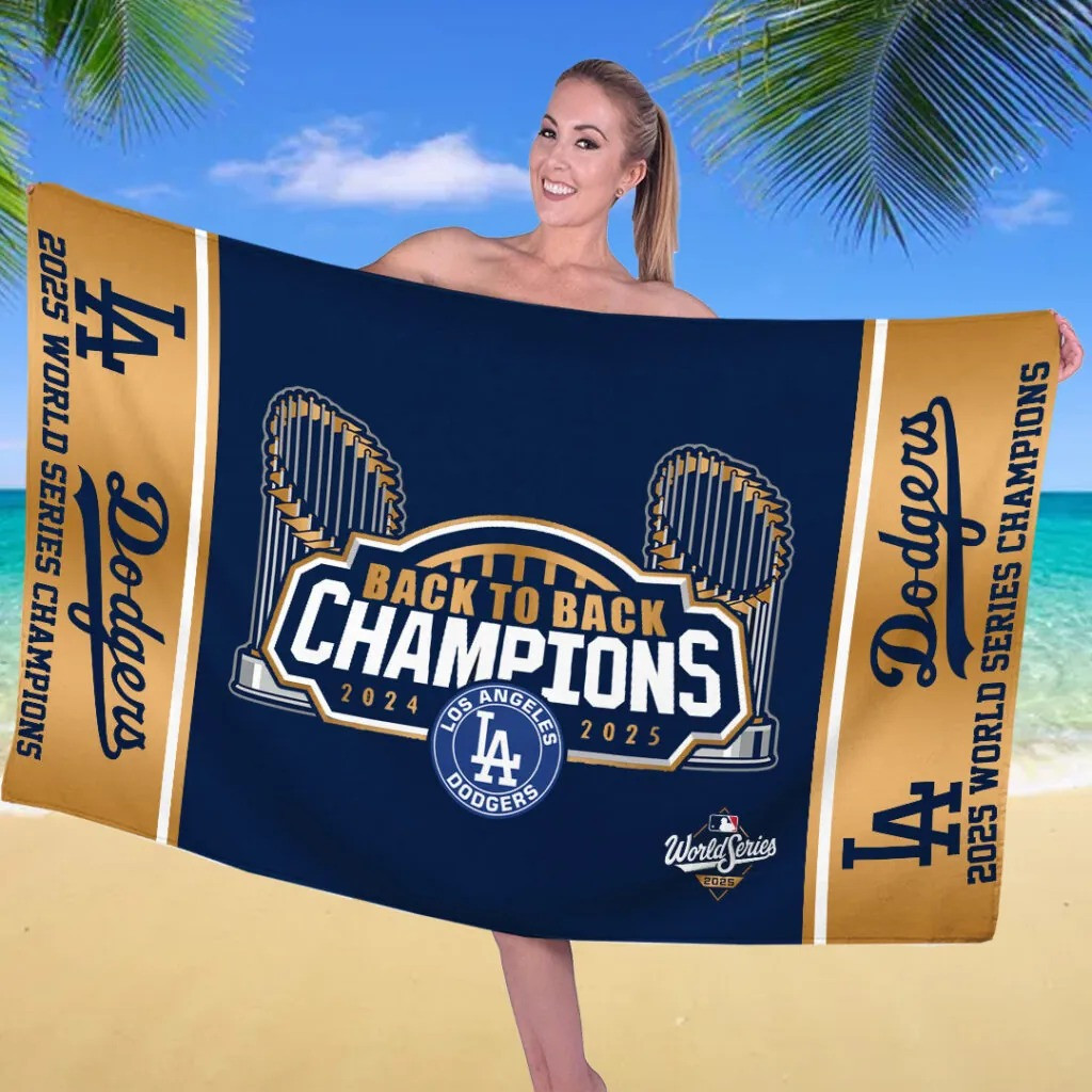 Los Angeles Dodgers Back To Back Champions Beach Towel Dodgers Merch Gifts For Baseball Fans-1