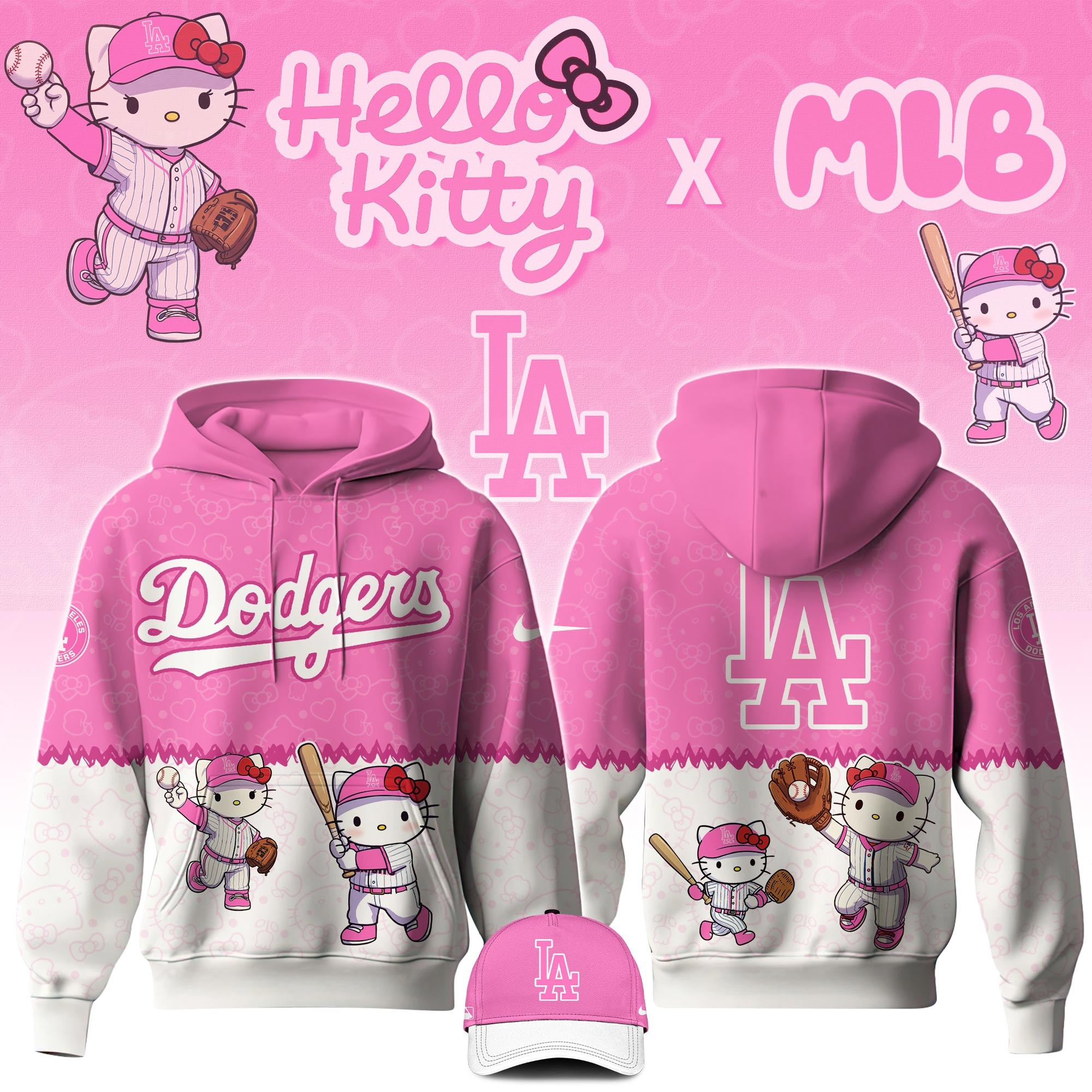 Los Angeles Dodgers MLB Hello Kitty Night Game Hoodie And Hat Dodgers Fan Gifts For Her-1