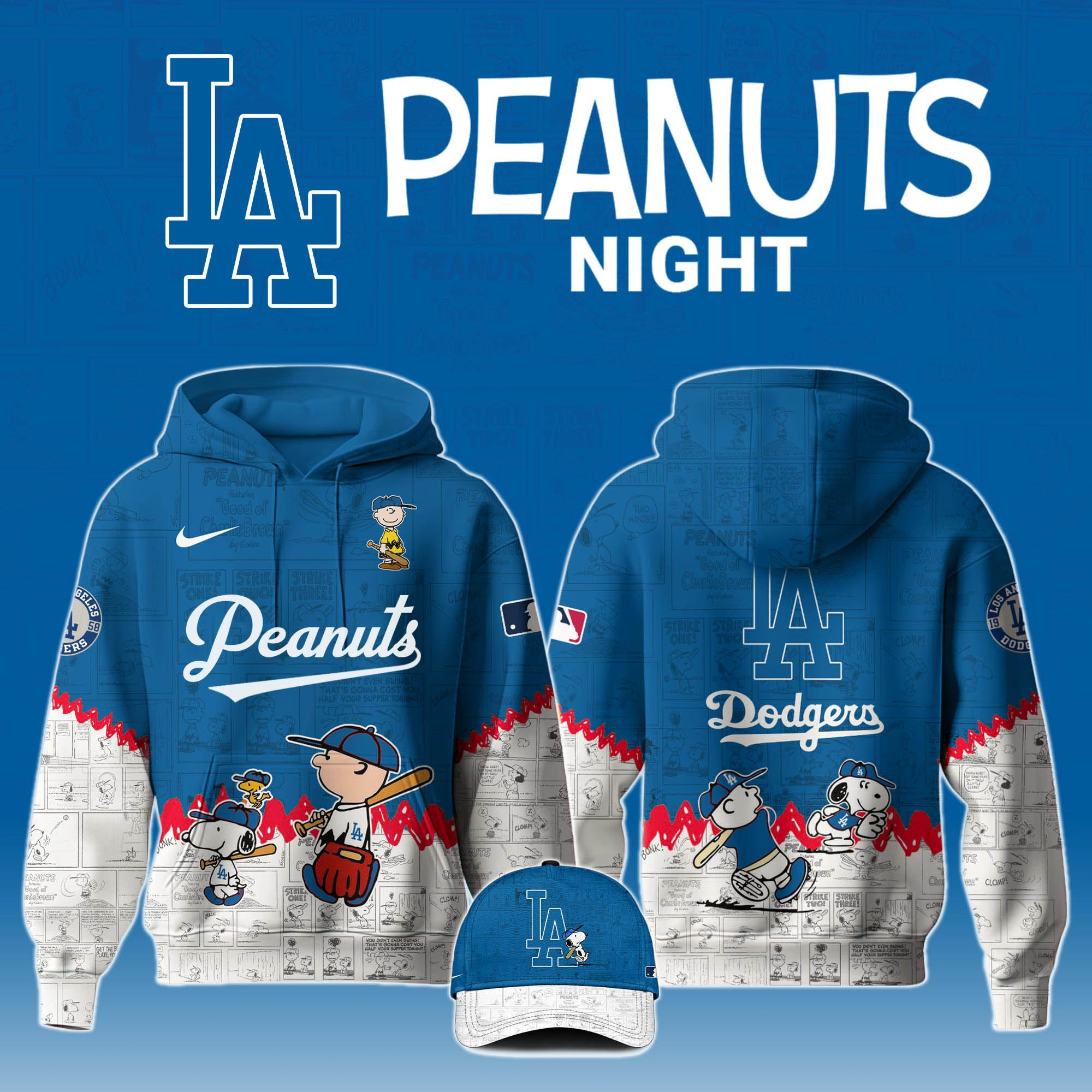 Los Angeles Dodgers PEANUTS 75th Anniversary Hoodie And Hat LA Dodgers Gifts For Him Her-1 Los Angeles Dodgers PEANUTS 75th Anniversary Hoodie And Hat LA Dodgers Gifts For Him Her-1