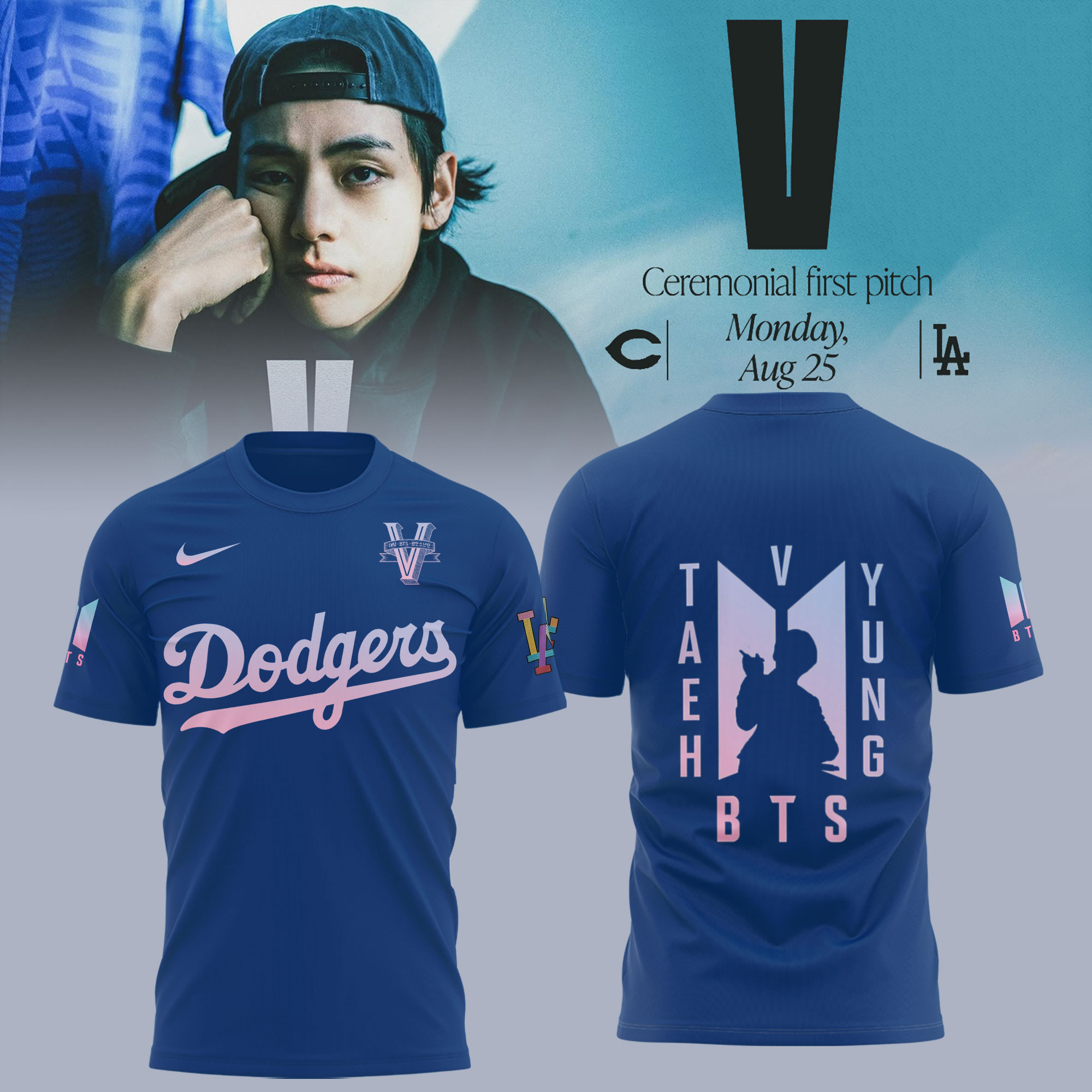 Los Angeles Dodgers X V BTS T-Shirt Taehyung Ceremonial First Pitch Army Gifts-1