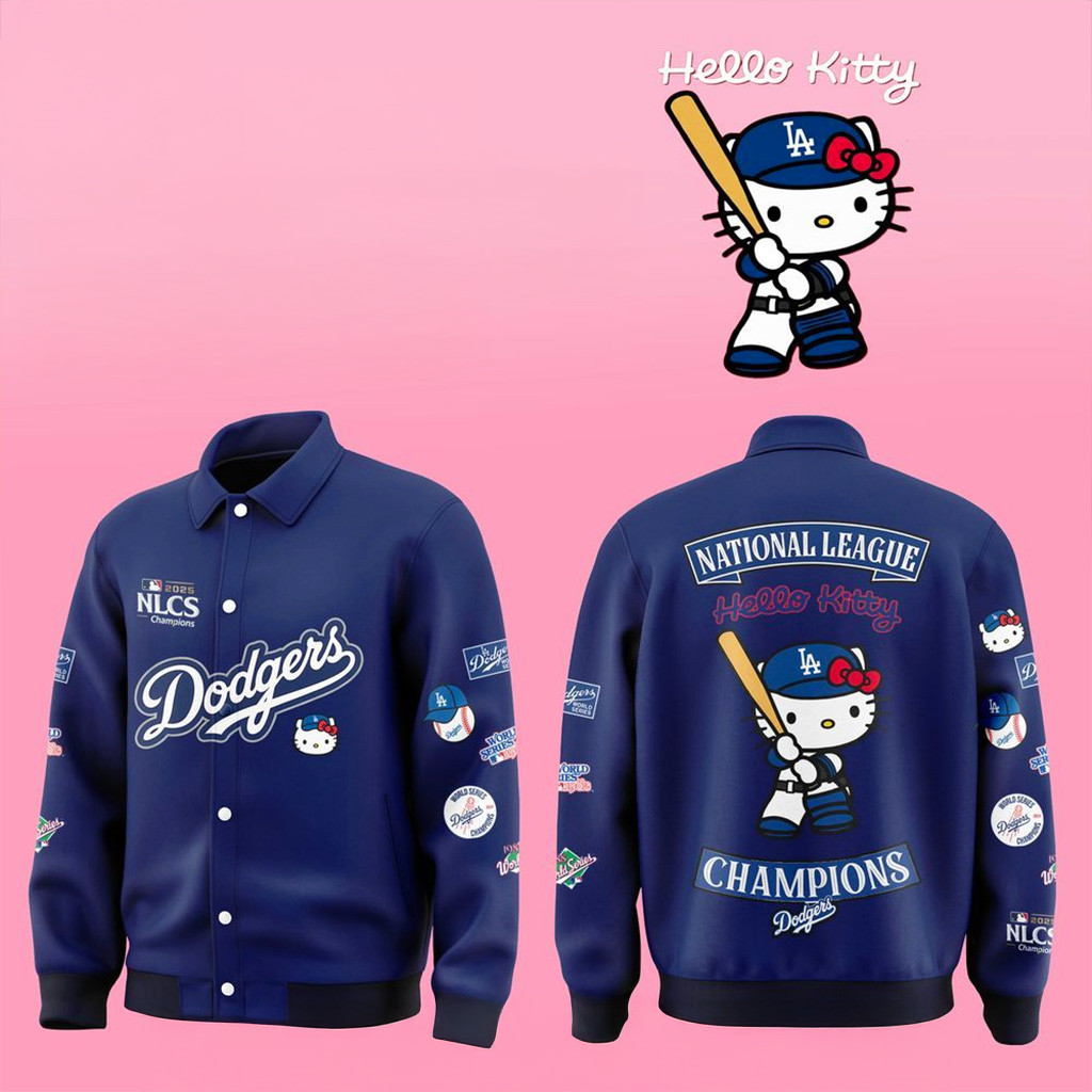 Los Angeles Dodgers x Hello Kitty 2025 NLCS Champions Baseball Jacket Dodgers Merch Fans Gift-1 Los Angeles Dodgers x Hello Kitty 2025 NLCS Champions Baseball Jacket Dodgers Merch Fans Gift-1