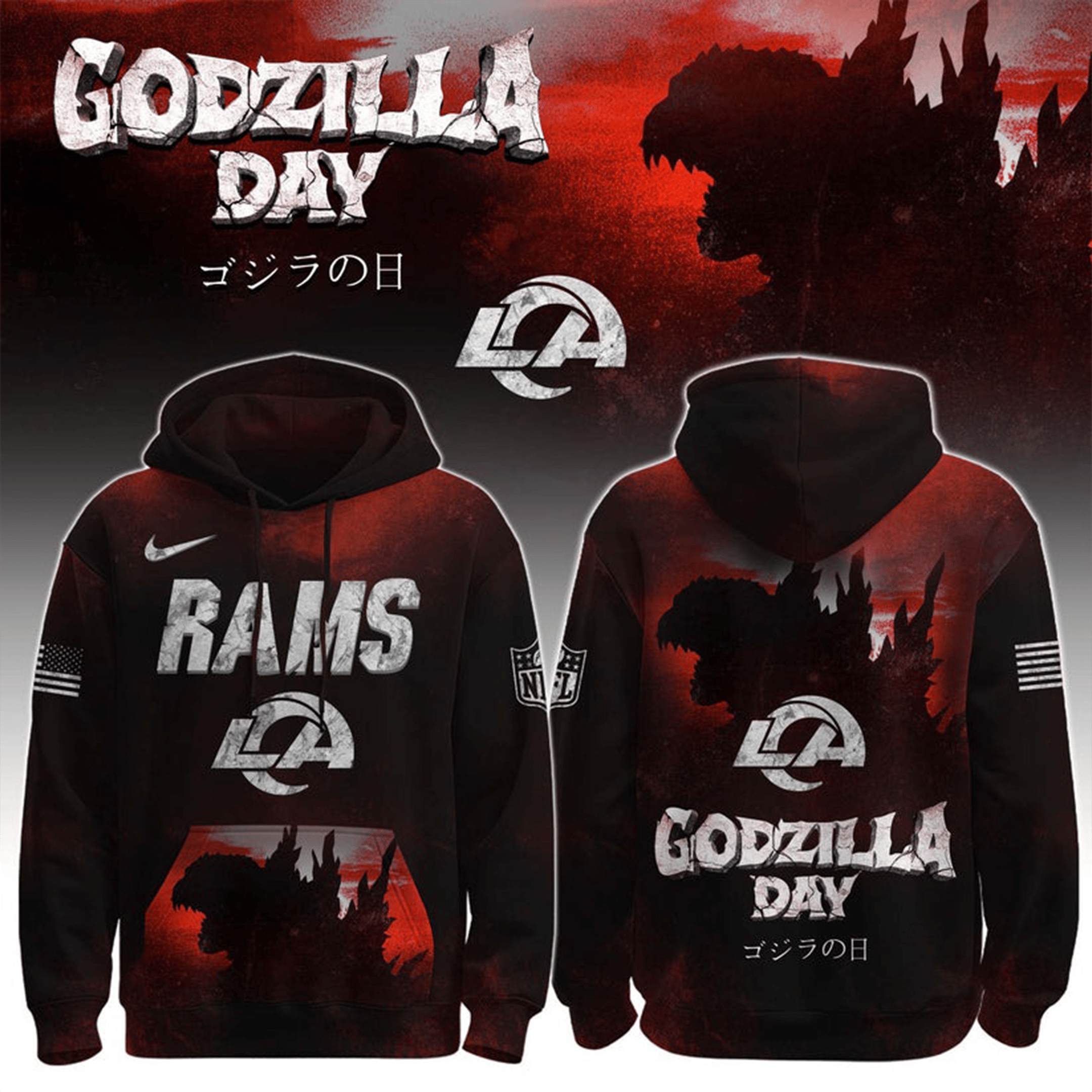 Los Angeles Rams X Happy Godzilla Day Hoodie Football Game Day Clothing LA Rams Special Gifts-1
