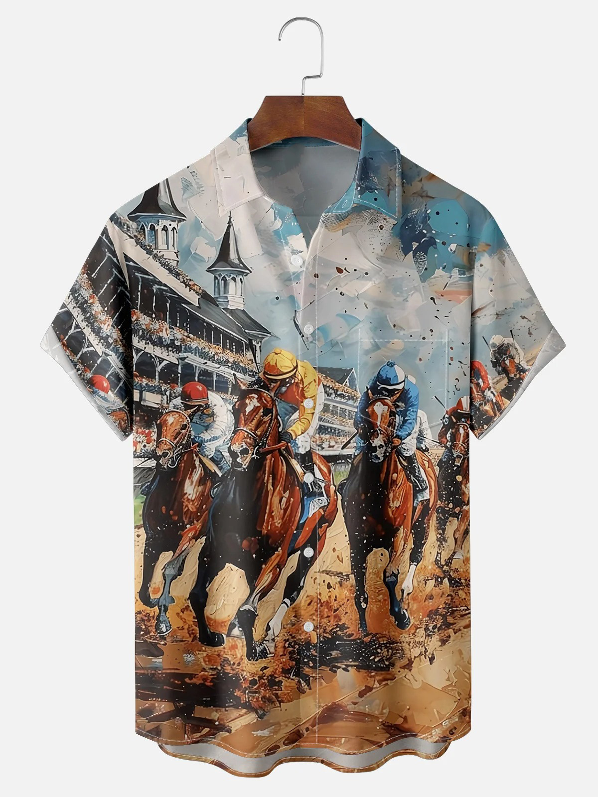Men's Kentucky Derby Attire Moisture-wicking Horse Racing Festival Art Oil Painting Chest Pocket Casual Shirt-1