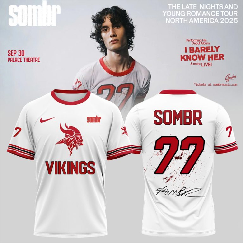 Minnesota Vikings X Sombr The Late Nights Young Romance Tour T-Shirt Minnesota Vikings Merch-1 Minnesota Vikings X Sombr The Late Nights Young Romance Tour T-Shirt Minnesota Vikings Merch-1