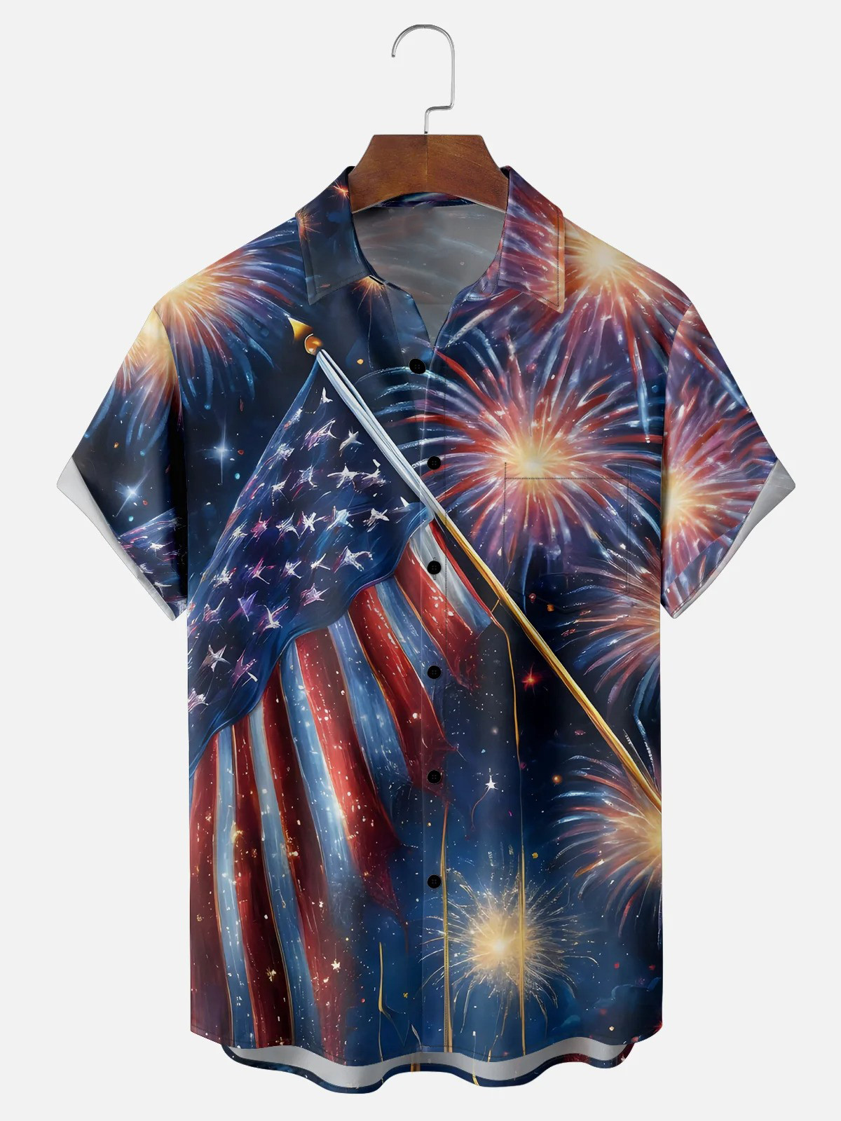 Moisture Wicking American Flag Fireworks Patriotic Chest Pocket Hawaiian Shirt-1