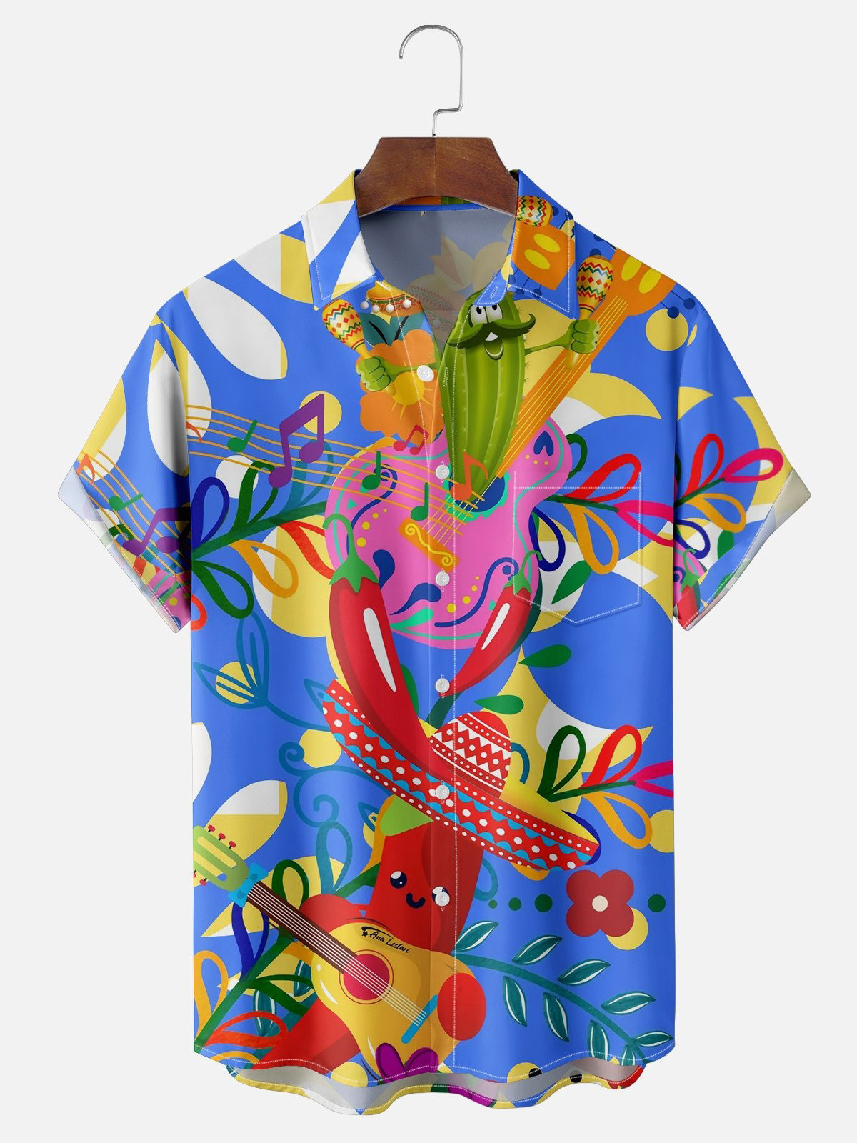Moisture Wicking Cinco de Mayo Big Hat Chili Guitar Chest Pocket Hawaiian Shirt-1
