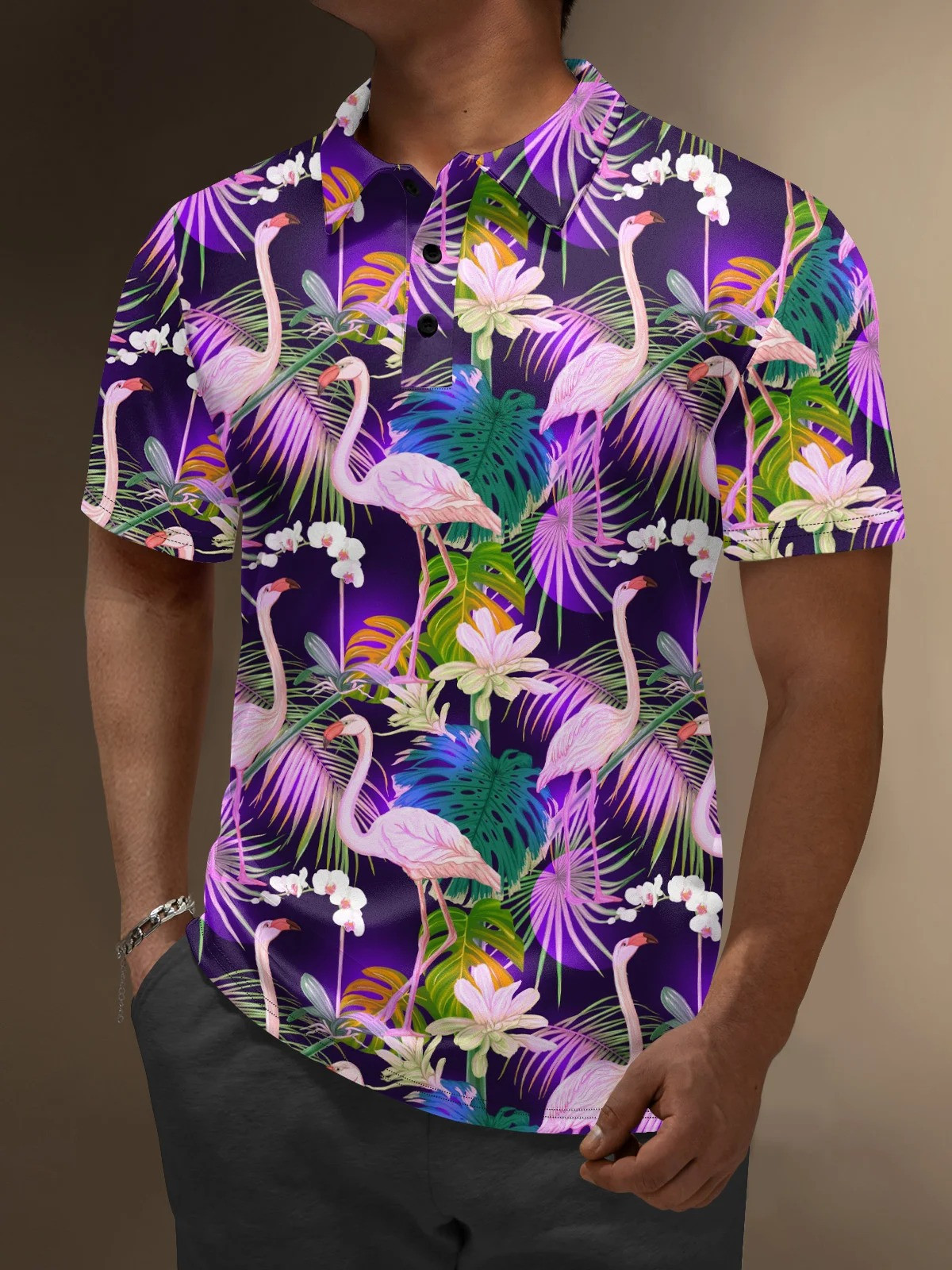 Moisture Wicking Flamingo Laser Flower Coconut Tree Golf Polo-1