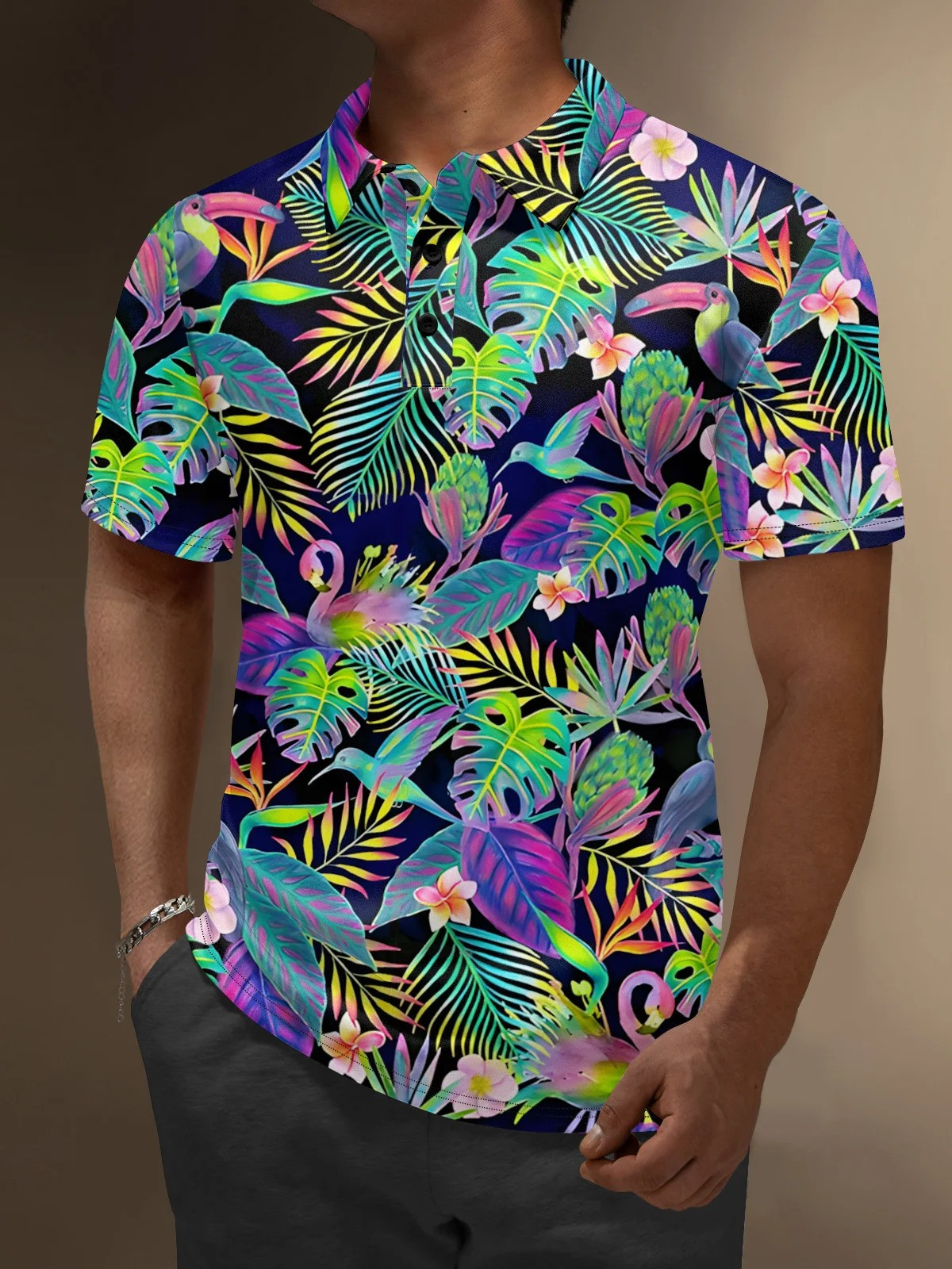 Moisture Wicking Flamingo Toucan Flowers Coconut Tree Laser Golf Polo Shirt-1