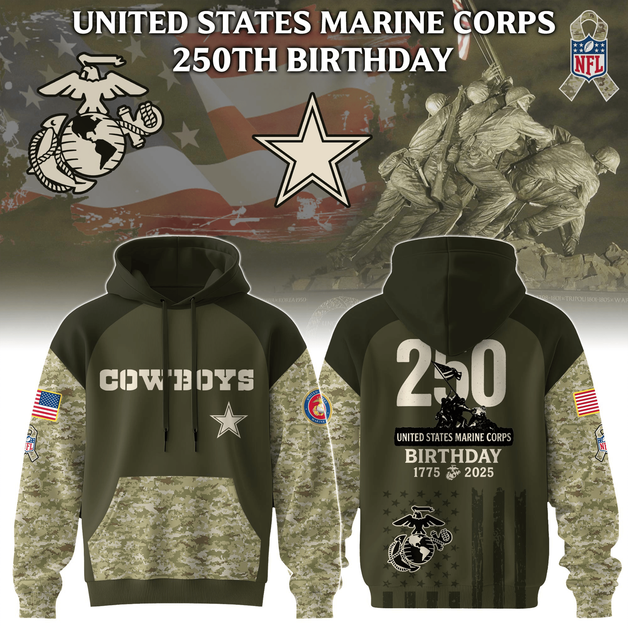 NFL X USMC 250Th Birthday Camo Hoodie Dallas Cowboys X USMC Hoodie Football Lovers Gifts-1