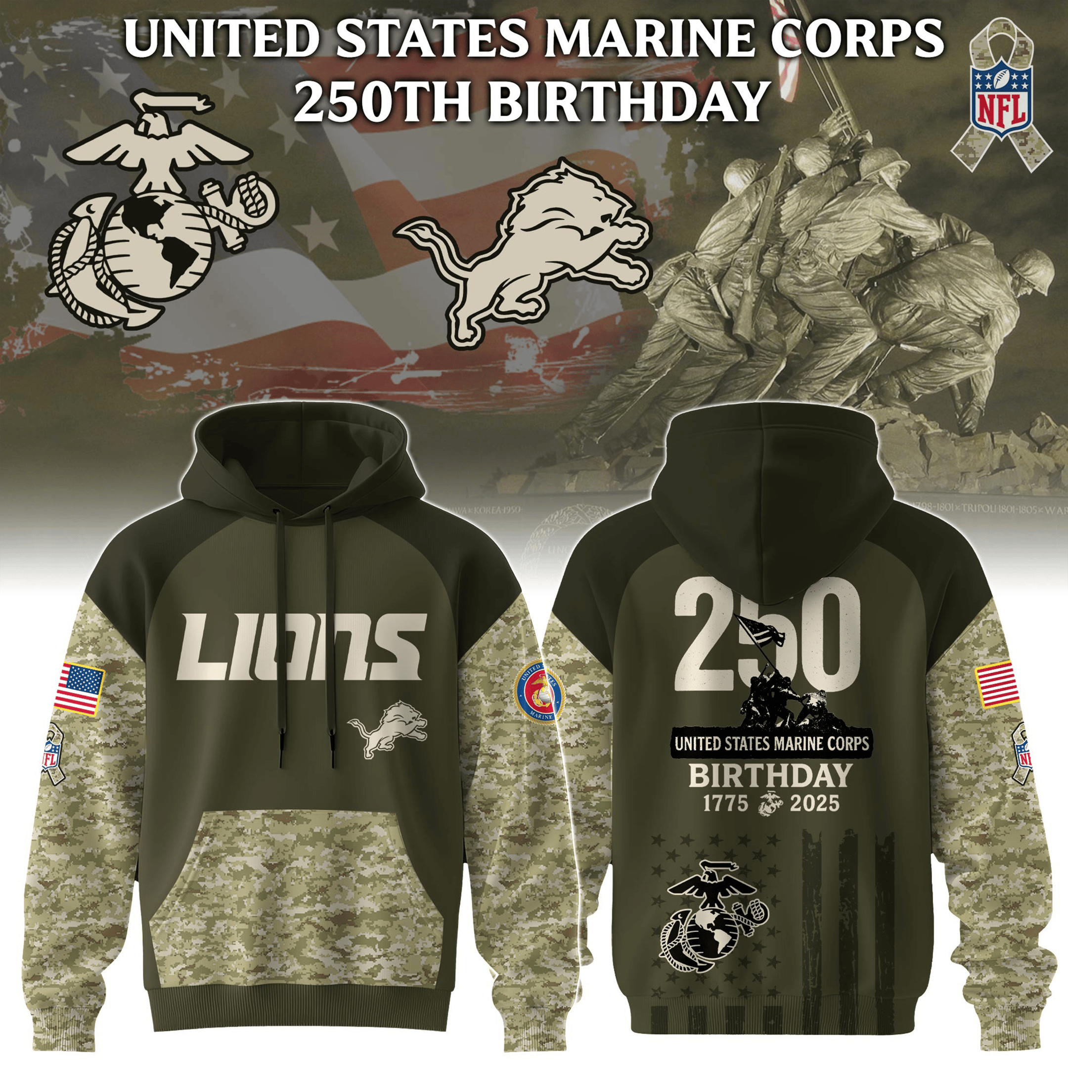 NFL X USMC 250Th Birthday Camo Hoodie Detroit Lions X USMC Hoodie Football Lovers Gifts-1