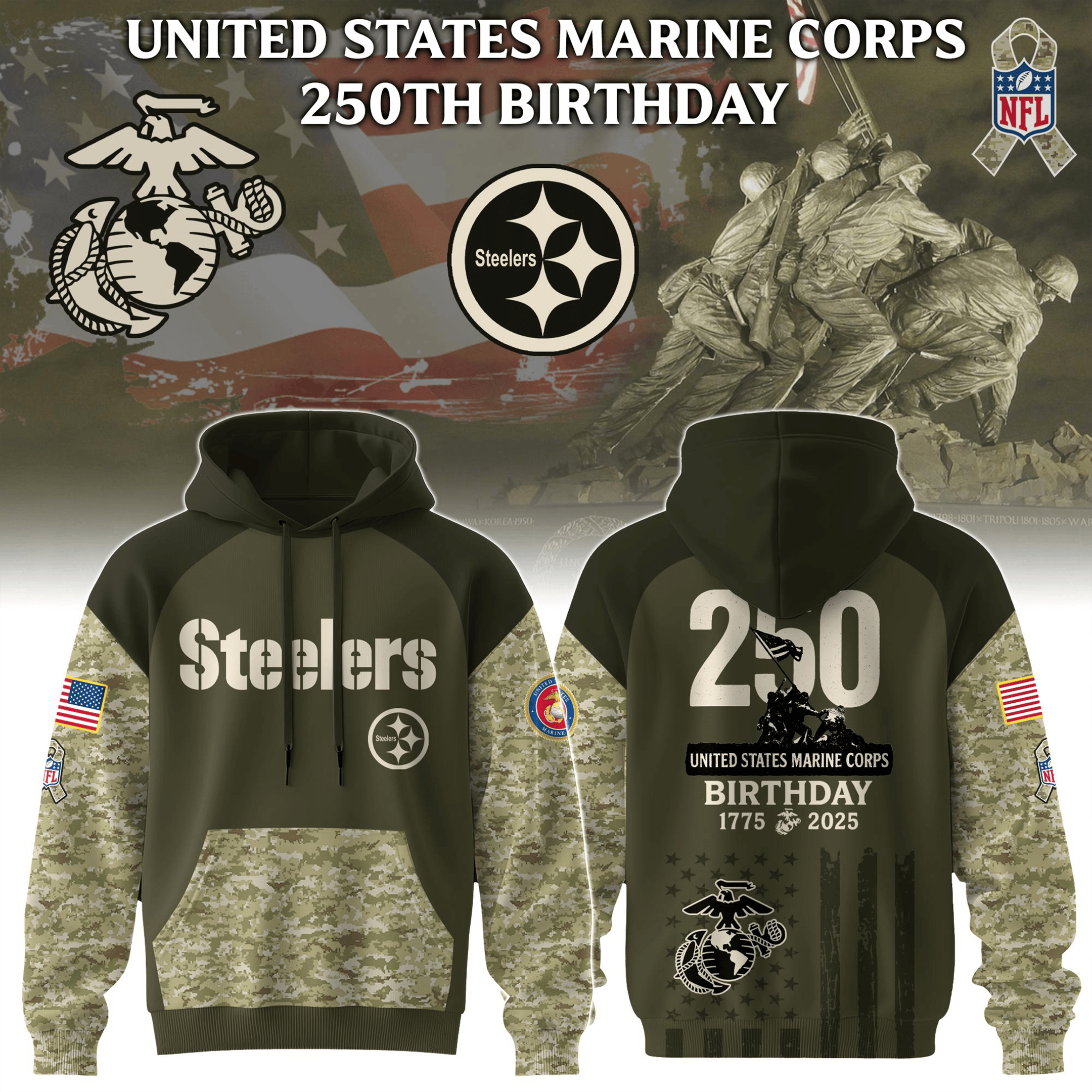 NFL X USMC 250Th Birthday Camo Hoodie Pittsburgh Steelers X USMC Hoodie Football Lovers Gifts-1