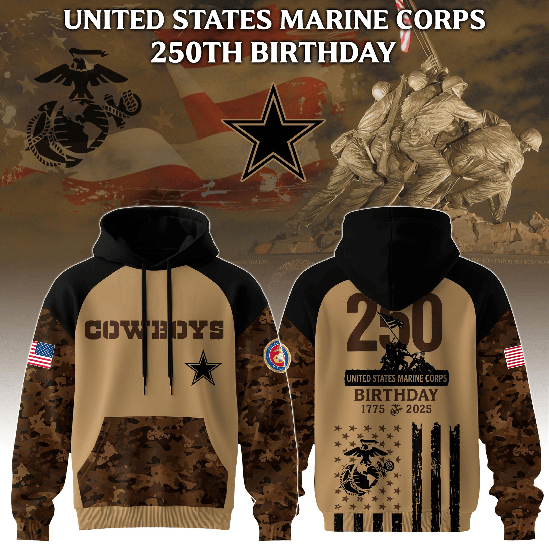 NFL X USMC Dallas Cowboys Camo Hoodie USMC 250Th Birthday Clothing Dallas Cowboys Gift For Him-1