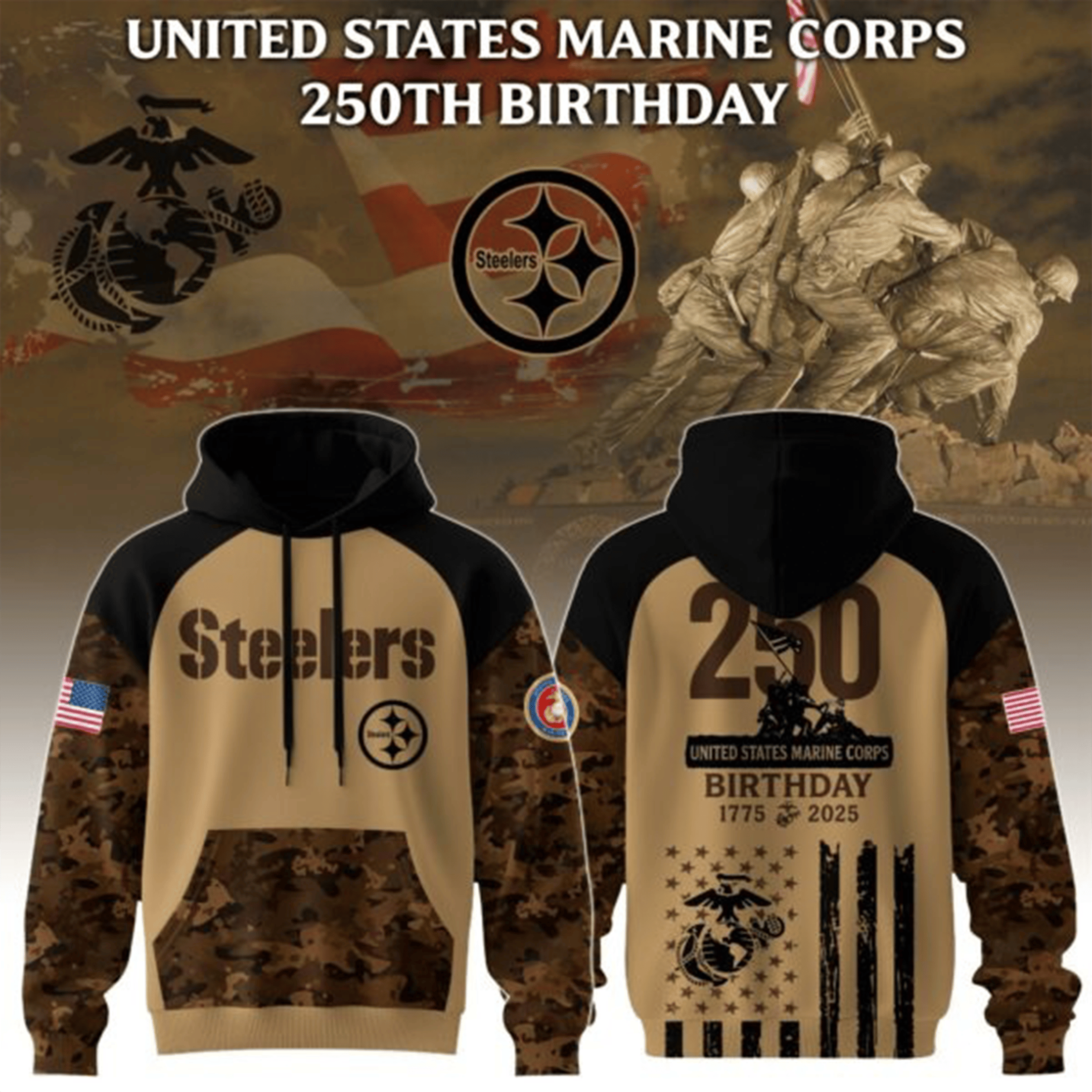 NFL x USMC 250Th Pittsburgh Steelers Camo Hoodie Salute To Service Hoodie Football Lovers Gifts-1