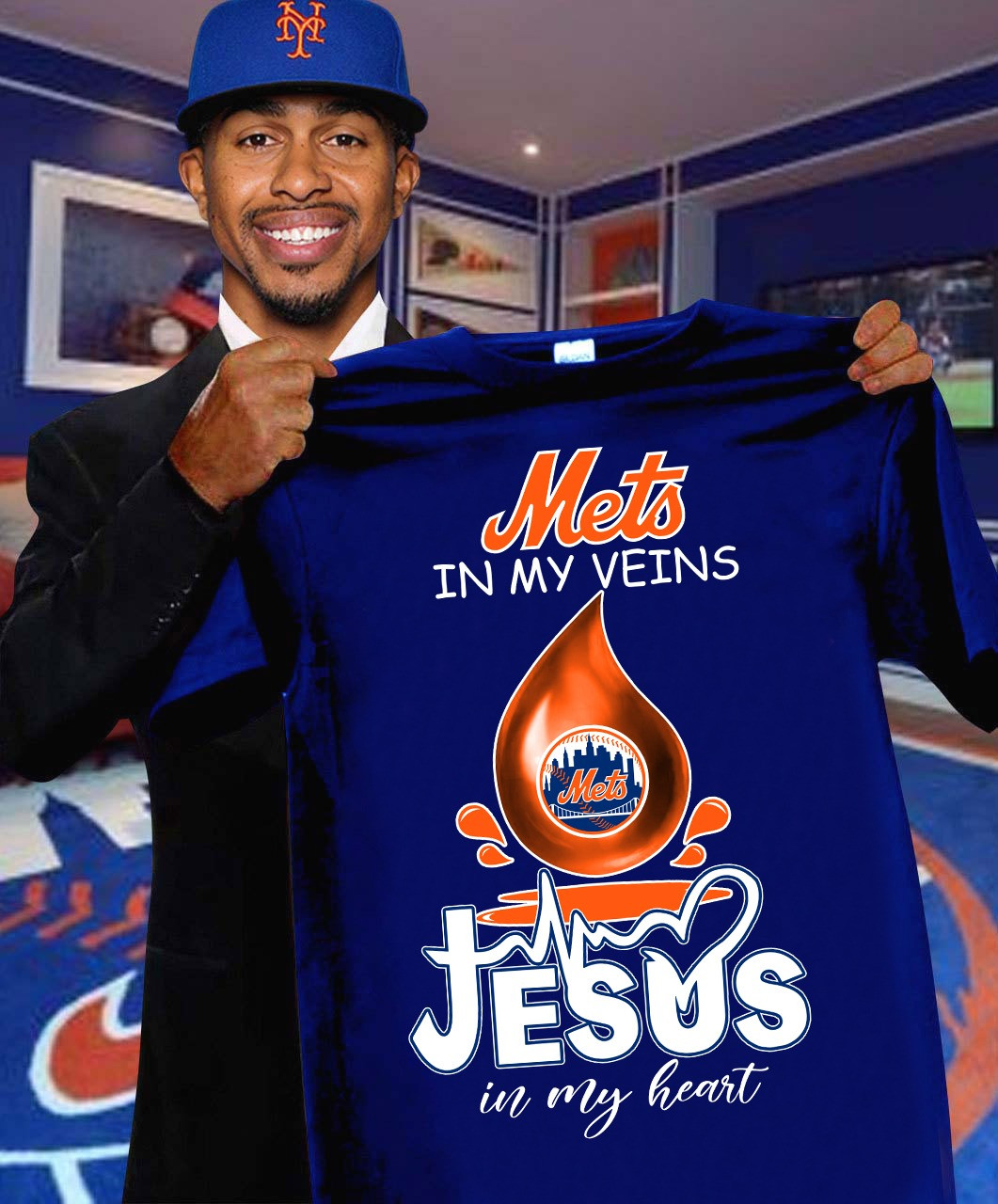 NY Mets In My Veins Jesus In My Heart T-Shirt Faith Best Gifts For Mets Fans Father's Day-1