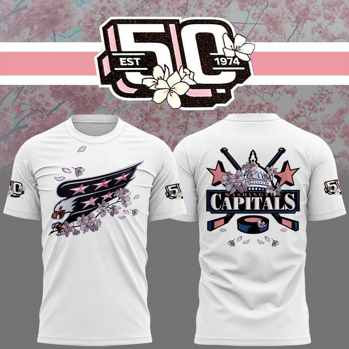 New Washington Capitals Cherry Blossom T-Shirt 50Th Anniversary Hockey Fan Merch Gifts-1