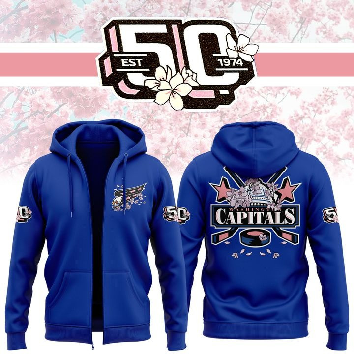 New Washington Capitals Cherry Blossom Zip Hoodie 50Th Anniversary Gifts For Hockey Fans-1