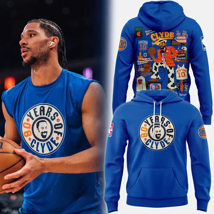 New York Knicks X Clyde's 80Th Birthday Hoodie Blue Basketball NY Knicks Fan Merch Gifts-1