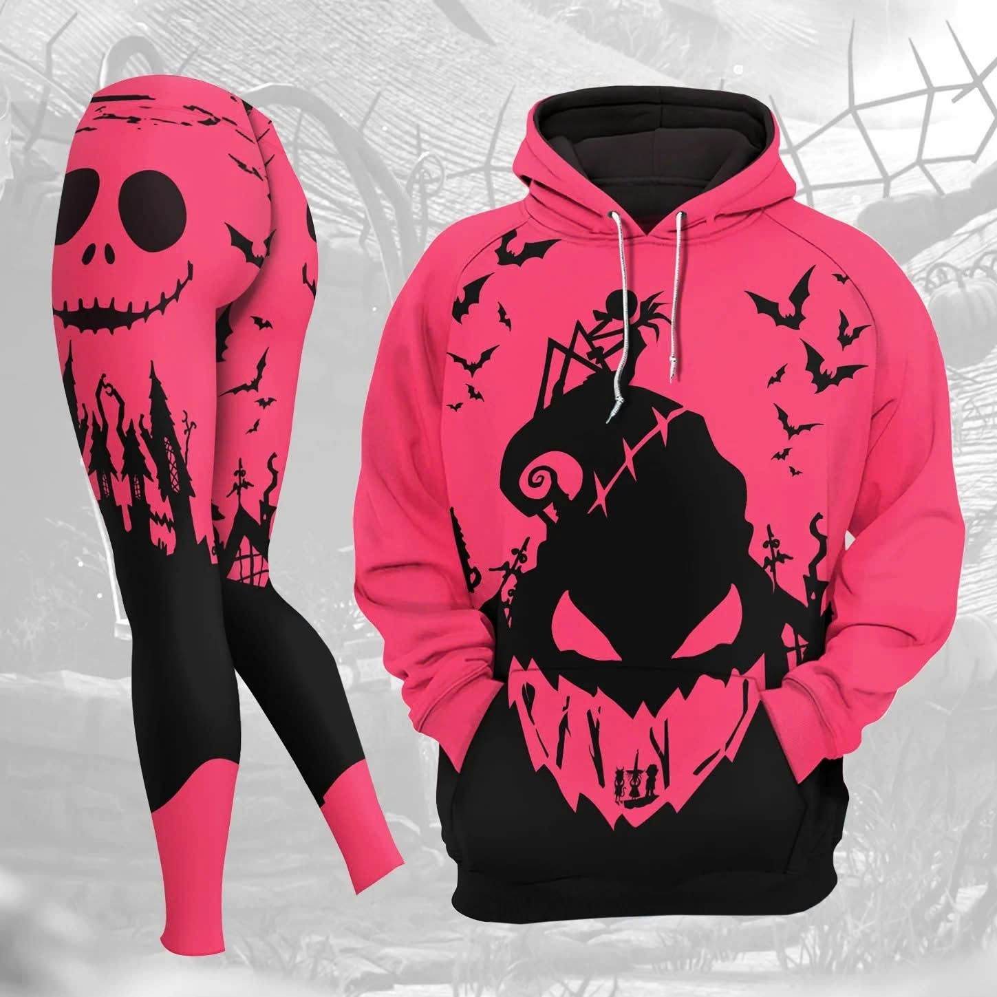 Nightmare Before Christmas Pink Hoodie And Leggings Women's Halloween Gifts For Adults-1