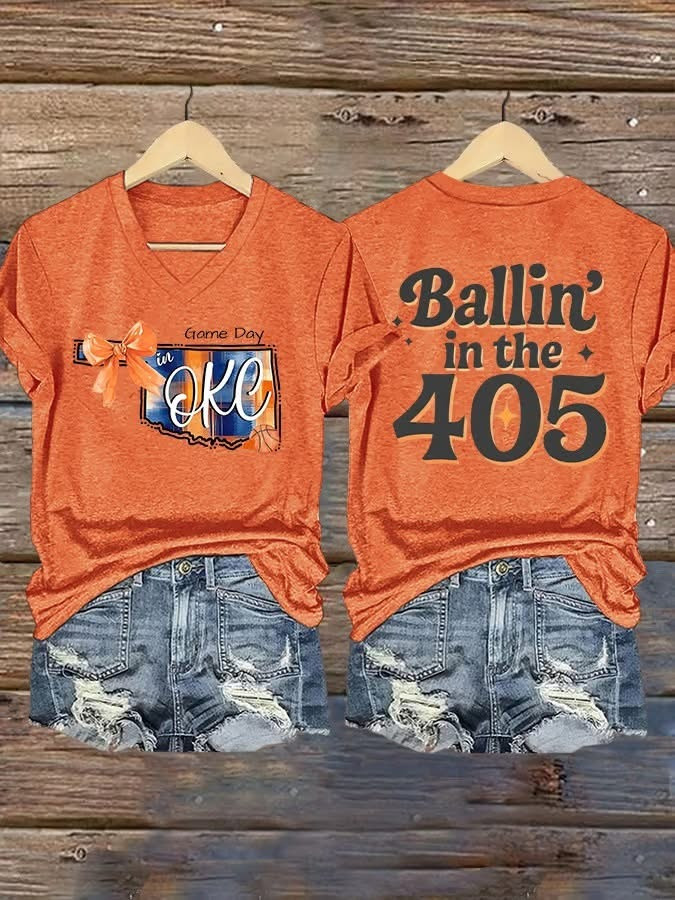 OKC Oklahoma City Thunder Ballin' In The 405 V-Neck Shirt Women's Game Day Basketball Merch-1